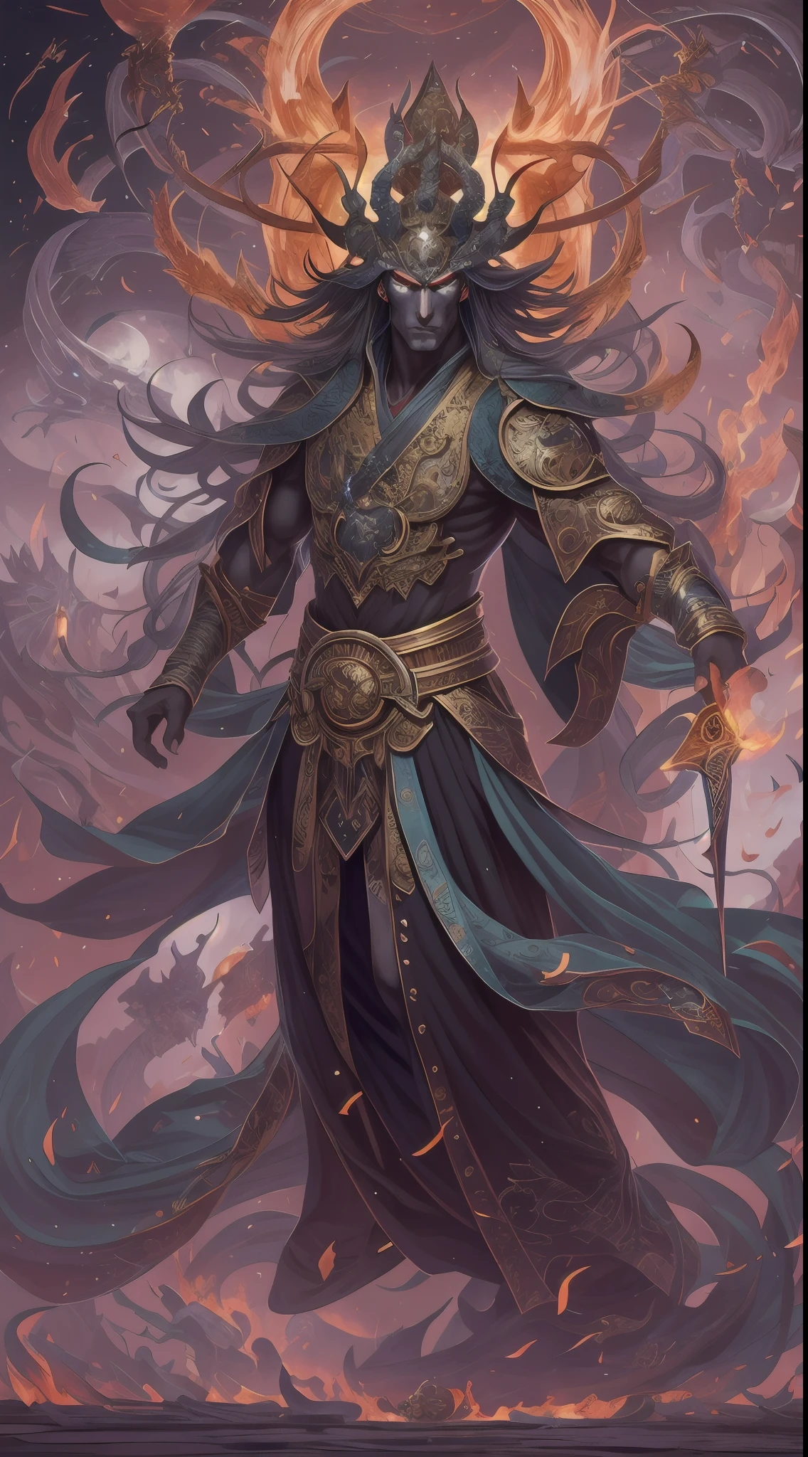 photore，sportrait，God floating on fire[The discovery of wormholes leads to a new world|The cursed prince must marry the Void]，[sci-fy：fanciful：0.6]cinmatic lighting，detailedbackground，at centre，Michael Bay style，insane detailed，k hd，concept-art，number art，with dynamism，（The most beautiful art in the world：1.2），（V0id3nergy：1.3），A man with a sword and a demon，beautiful male god of death，mohrbacher，Inspired by Shunkōsai Hokushu，In the artistic style of Morebach，asura from chinese myth，the god of chaos，Inspired by Ryūkōsai Jokei，Style Peter Molbach