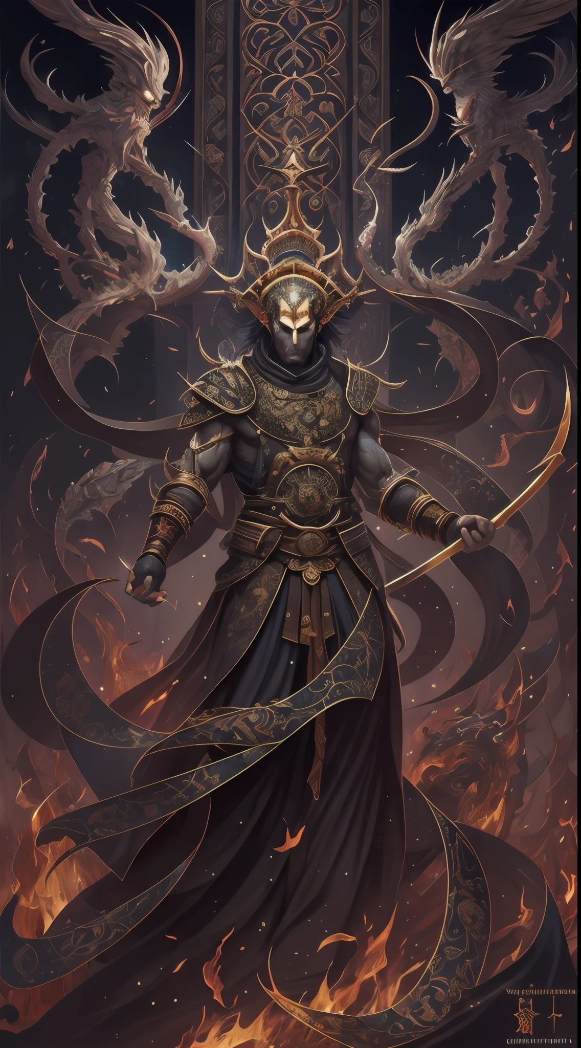 photore，sportrait，God floating on fire[The discovery of wormholes leads to a new world|The cursed prince must marry the Void]，[sci-fy：fanciful：0.6]cinmatic lighting，detailedbackground，at centre，Michael Bay style，insane detailed，k hd，concept-art，number art，with dynamism，（The most beautiful art in the world：1.2），（V0id3nergy：1.3），A man with a sword and a demon，beautiful male god of death，mohrbacher，Inspired by Shunkōsai Hokushu，In the artistic style of Morebach，asura from chinese myth，the god of chaos，Inspired by Ryūkōsai Jokei，Style Peter Molbach