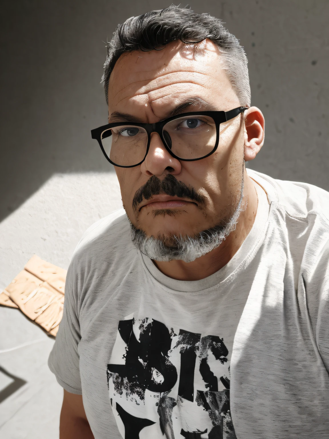 B&w portrait of a middle-aged man, (yellow eyes: 1.5), glasses, detailed skin face, expression wrinkles, (lumberjack style and gray beard: 1.5), (gray hair: 1.5), raw beige leather jacket, white T-shirt without print, stiff countenance. Ultra detailed scene, dslr camera with 50mm Lens, soft studio lighting, ((vignette))