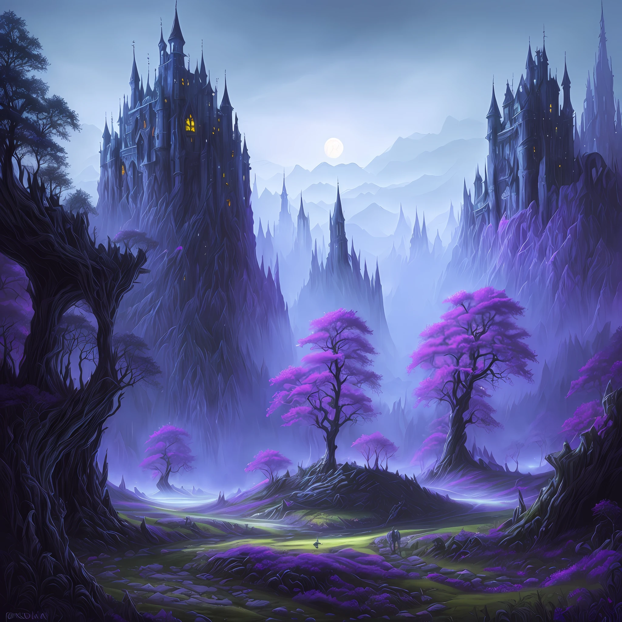 purple trees in a dark forest with a purple sky, paisagem de fantasia escura, ambiente de fantasia sombria, arte de fantasia digital 2d detalhada, pintura de fantasia fosca detalhada, arte de estilo fantasia escura, an ominous fantasy illustration, inspirado em Andreas Rocha, fundo escuro do castelo, dark castle setting, pintura de fantasia fosca grimdark, fundo escuro da fantasia, dark ruins landscape, fundo escuro do castelo pastel