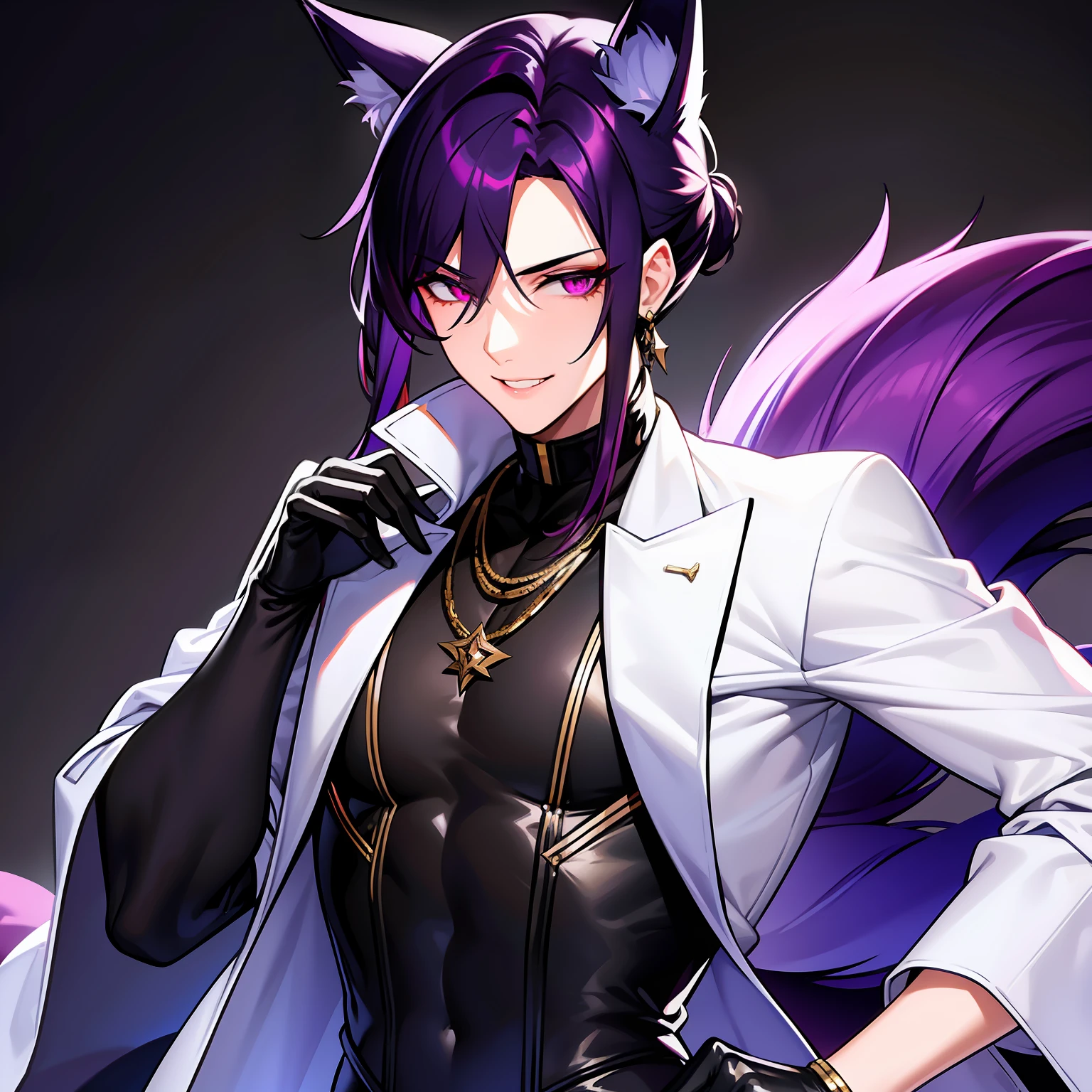 A young guy, cute facial features, dark purple hair gathered in a low bun, faded red eyes, white strict clothes with free light sleeves with lots of jewelry, long black gloves, fox ears and tail, tired smile