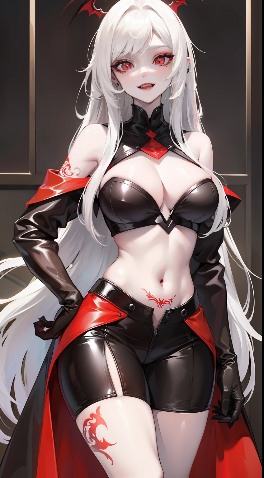 Tall girl, pale skin, Long white hair, red-eyes, Vampire's clothes, breeches, open belly, neckline on the chest, Tatoo, smirk, fangs, Masterpiece, hiquality