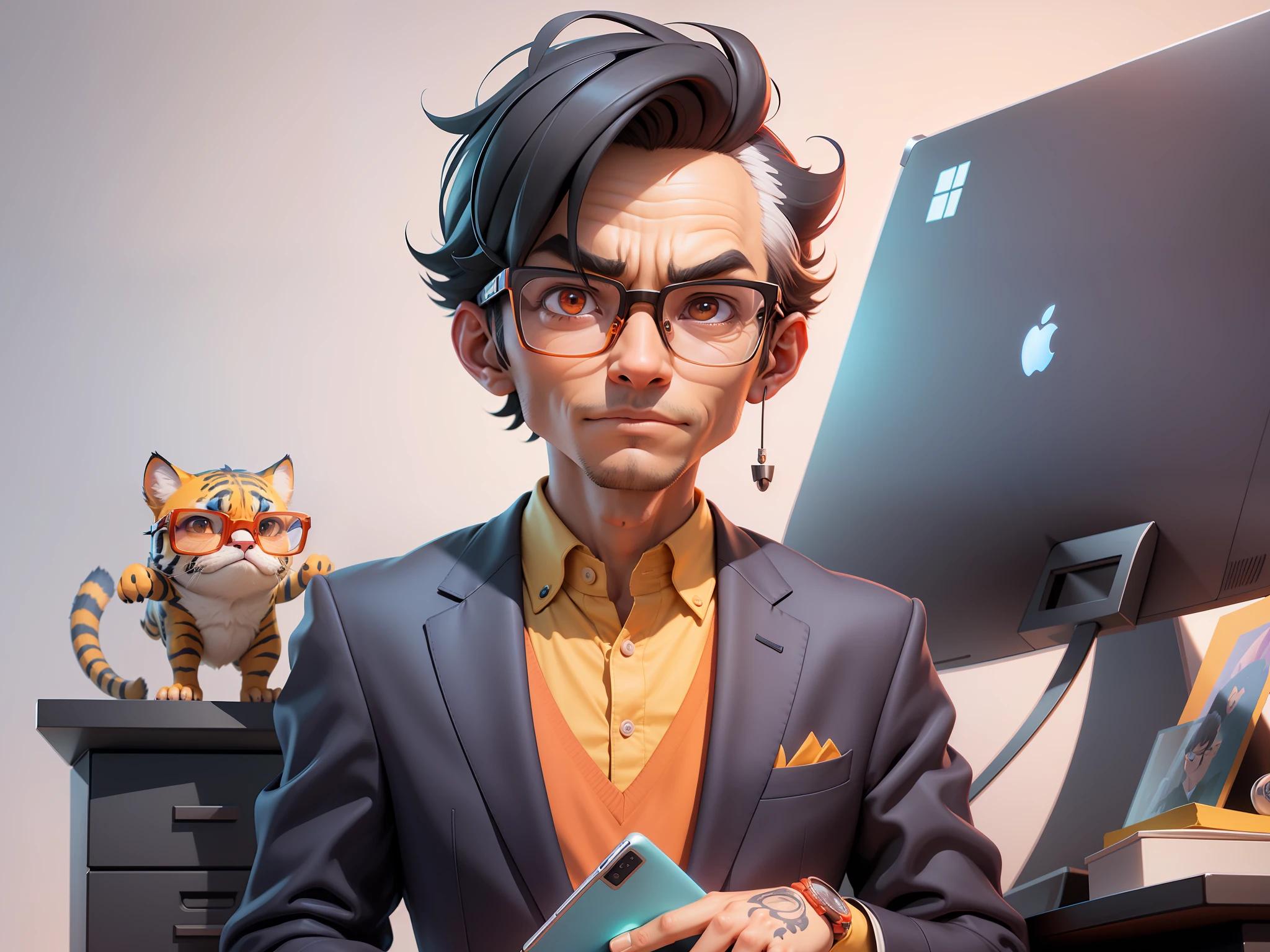 A young man in a suit, Short hair and glasses sat at his desk,holding laptop,digitial painting,tigre,3D character design by Mark Clairen and Pixar and Hayao Miyazaki and Akira Toriyama,4K HD illustration,Very detailed facial features and cartoon-style visuals。