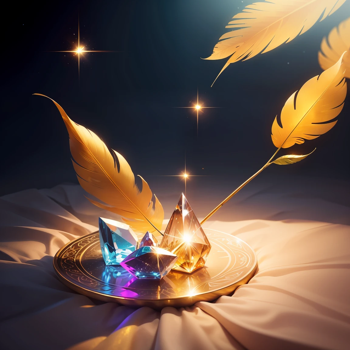 A magical setting with a bright golden feather floating in the air, enquanto uma bela flauta de cristal repousa delicadamente em uma almofada de veludo. ao redor, there are sparkling gemstones, iluminando o ambiente com seus reflexos coloridos e encantadores.