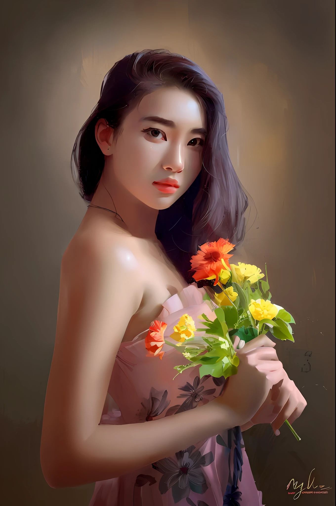 arafed woman in a strapless dress holding a bunch of flowers, female portrait with flowers, with flowers, beautiful young korean woman, fine art portrait painting, beautiful asian woman, young asian woman, gorgeous young korean woman, inspired by Andrew Loomis.detail oil painting, illustrated by A Andrew Loomis.