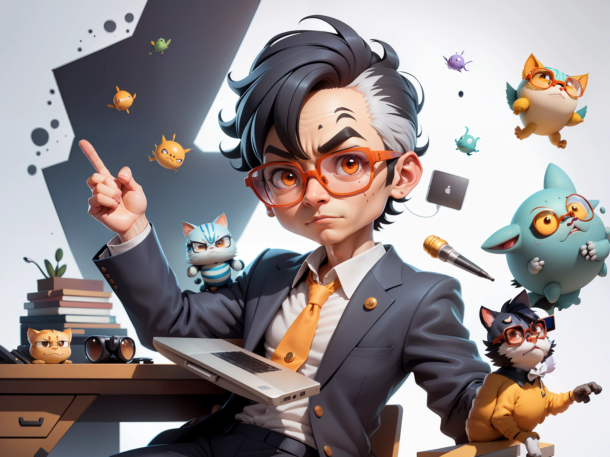 A young man in a suit, Short hair and glasses sat at his desk,holding laptop,digitial painting,tigre,3D character design by Mark Clairen and Pixar and Hayao Miyazaki and Akira Toriyama,4K HD illustration,Very detailed facial features and cartoon-style visuals。