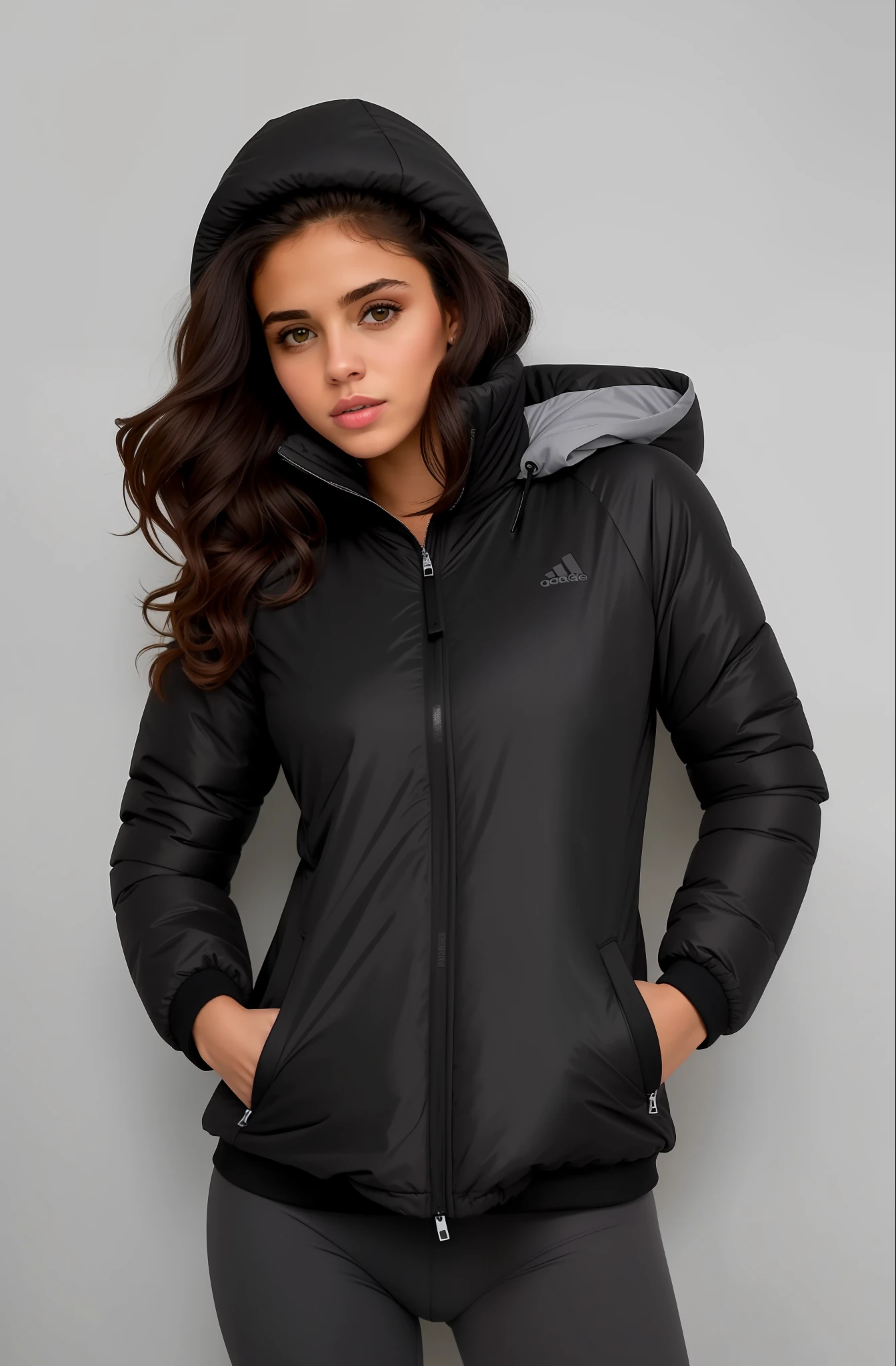 uma mulher com uma jaqueta preta e legging posando para uma foto, Foto de perfil, encapuzado, roupas esportivas, roupas esportivas, Black jacket, she's wearing a coat., Fotografia de uma mulher techwear, vestindo uma jaqueta preta, menina na capa de chuva, jaqueta esportiva, jaqueta preta longa, foto de retrato, roupas de caminhada, em um moletom preto, Jessica