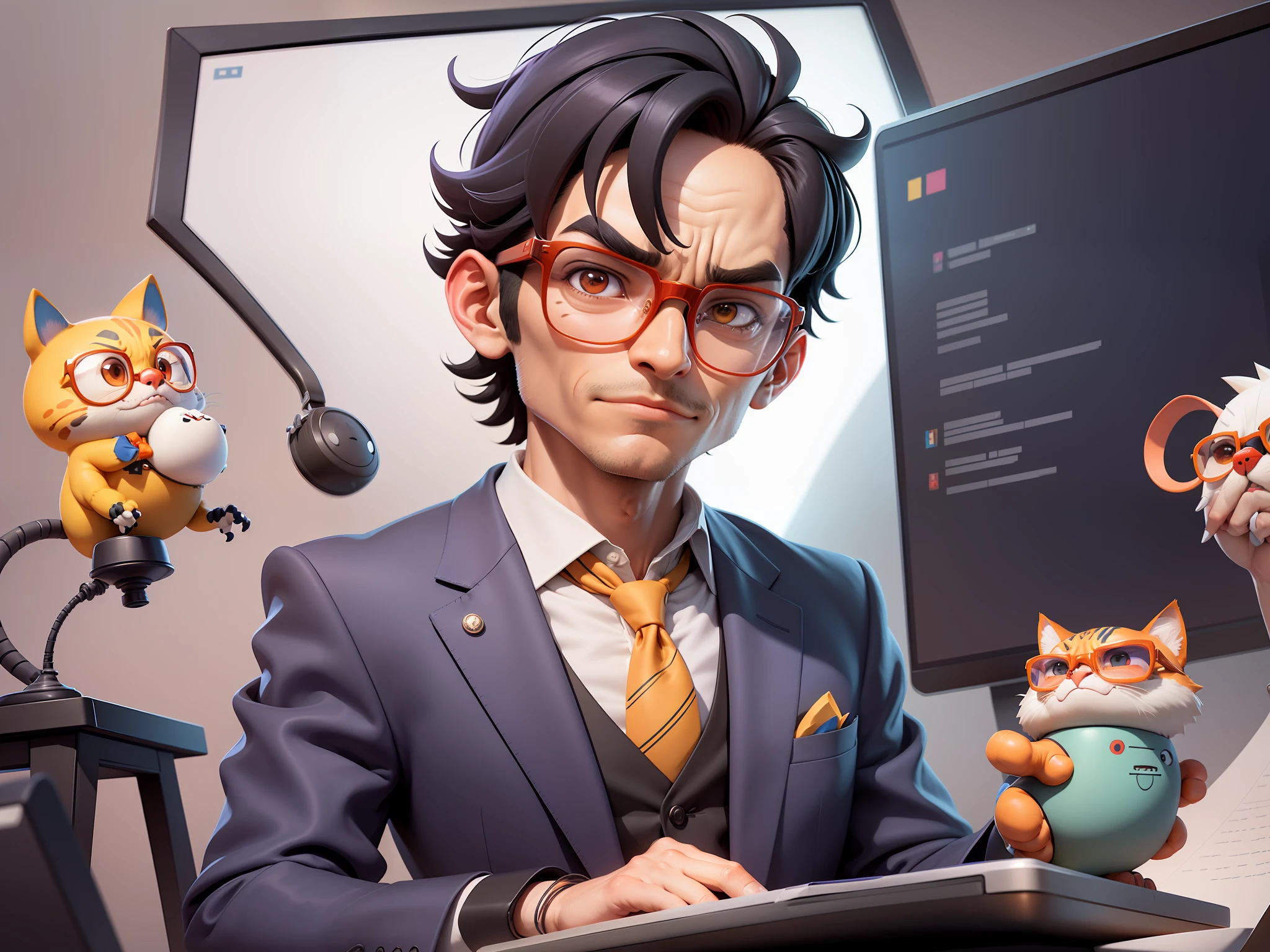 A young man in a suit, Short hair and glasses sat at his desk,holding laptop,digitial painting,tigre,3D character design by Mark Clairen and Pixar and Hayao Miyazaki and Akira Toriyama,4K HD illustration,Very detailed facial features and cartoon-style visuals。