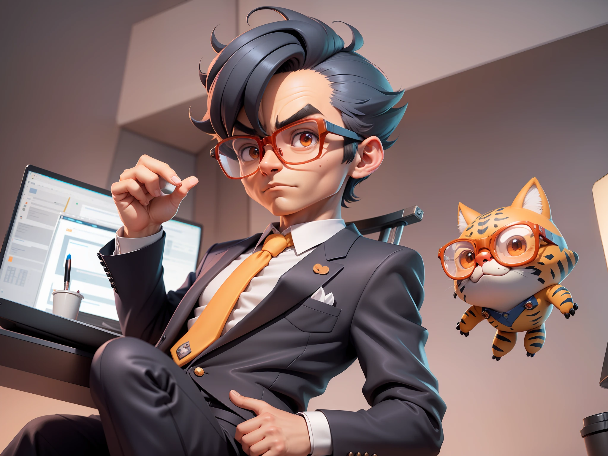 A young man in a suit, Short hair and glasses sat at his desk，holding laptop，digitial painting，tigre，3D character design by Mark Clairen and Pixar and Hayao Miyazaki and Akira Toriyama，4K HD illustration，Very detailed facial features and cartoon-style visuals。