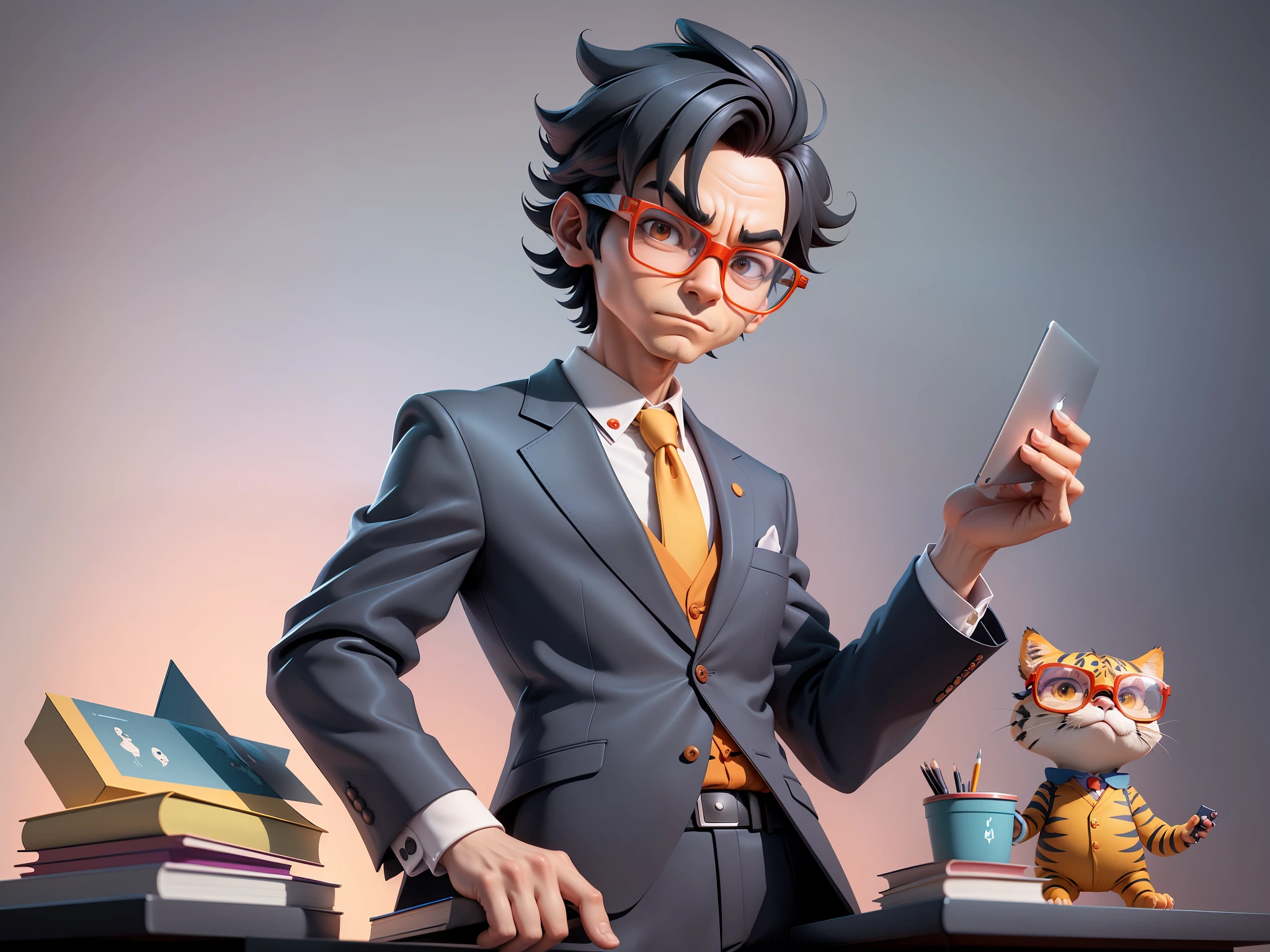 A young man in a suit, Short hair and glasses sat at his desk，holding laptop，digitial painting，tigre，3D character design by Mark Clairen and Pixar and Hayao Miyazaki and Akira Toriyama，4K HD illustration，Very detailed facial features and cartoon-style visuals。