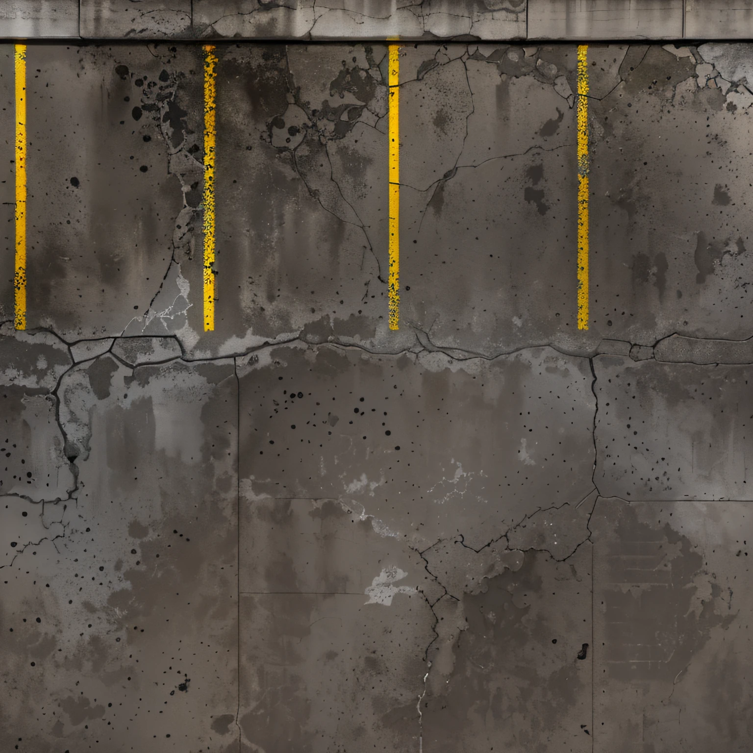 Top view photo of the parking lot with a yellow line, Seamless parking texture with curb and yellow shabby marking lines, there is broken asphalt, concrete slabs and asphalt, Traces of wheels on the asphalt, [[empty warehouse]] Background, concrete _ wallside ) ], parking, high resolution details, High-resolution detail, concrete, Untextured, Super High Resolution, high resolution texture, concrete wall, dark hangar background, Gray warehouse background, high resolution textures, High resolution and detail