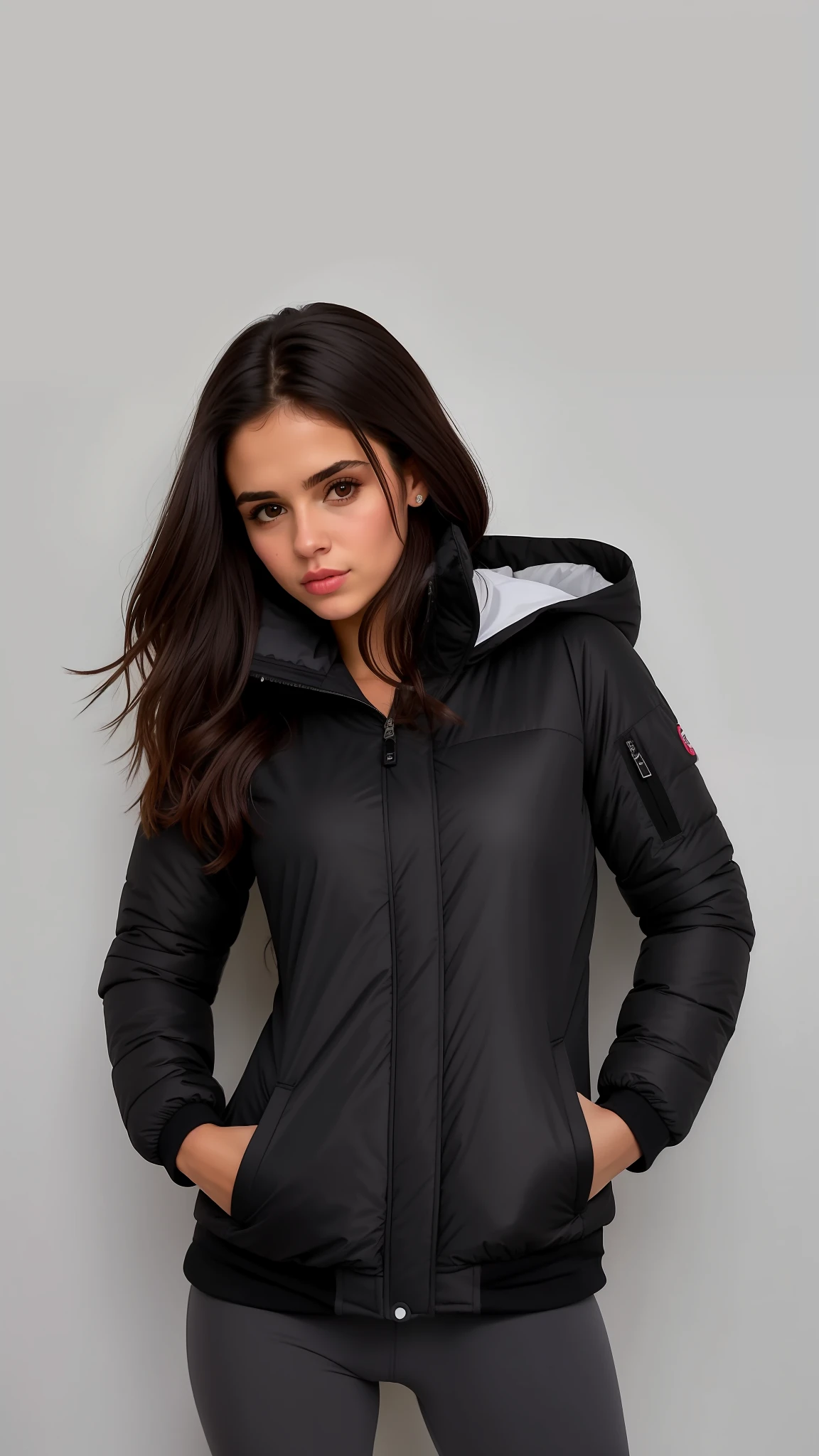 uma mulher com uma jaqueta preta e legging posando para uma foto, Foto de perfil, encapuzado, roupas esportivas, roupas esportivas, Black jacket, she's wearing a coat., Fotografia de uma mulher techwear, vestindo uma jaqueta preta, menina na capa de chuva, jaqueta esportiva, jaqueta preta longa, foto de retrato, roupas de caminhada, em um moletom preto, Jessica