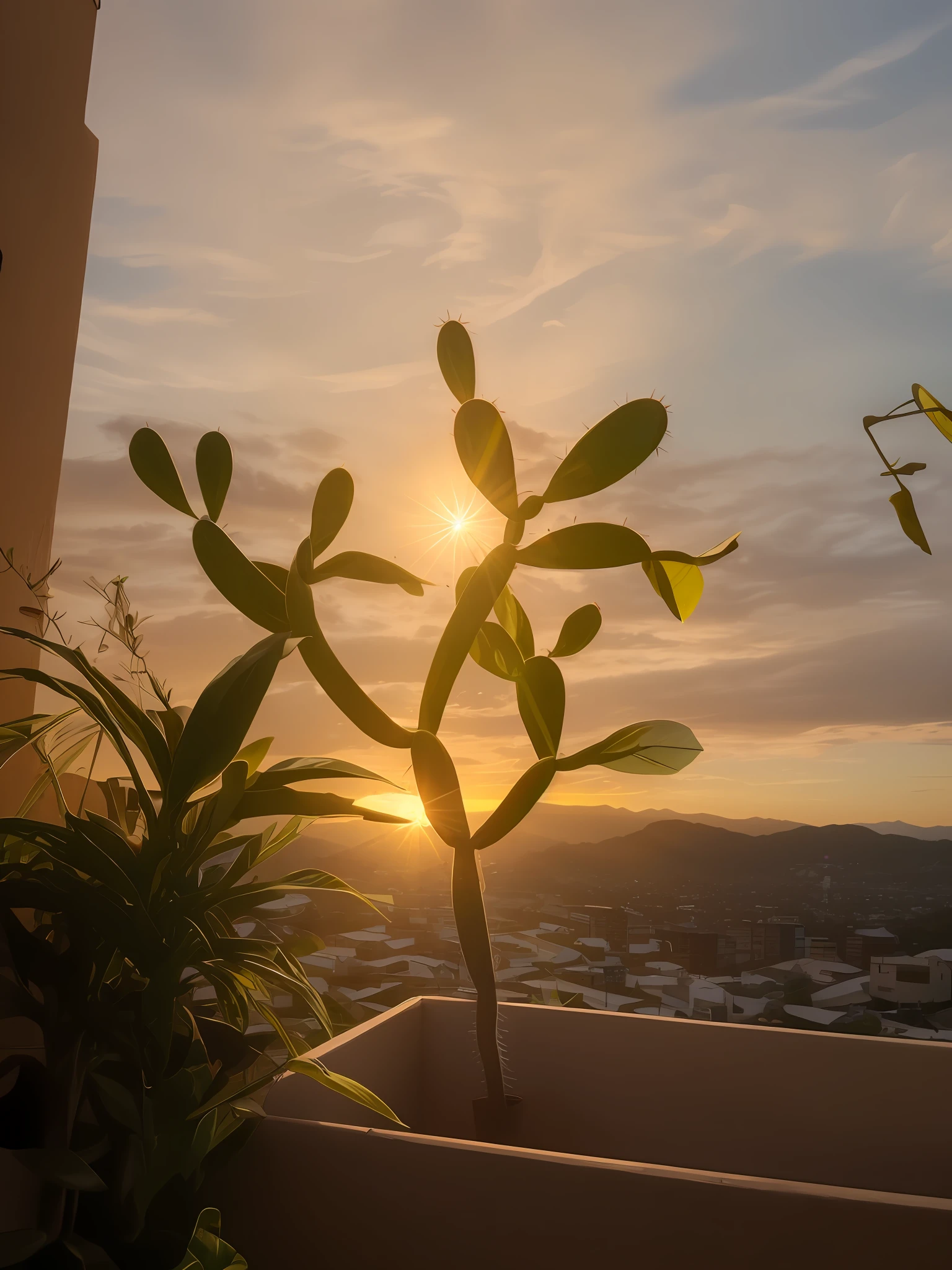 There is a cactus plant in a pot on a balcony, ao lado de uma planta, alien plant, Vicious alligator plant breaks, nice afternoon lighting, com o sol brilhando sobre ele, belas vistas com cactos, Grow to the sky, um monstro vegetal, cacto irregular, sol da tarde, segurando um cacto, luz solar forte, sol no final da tarde