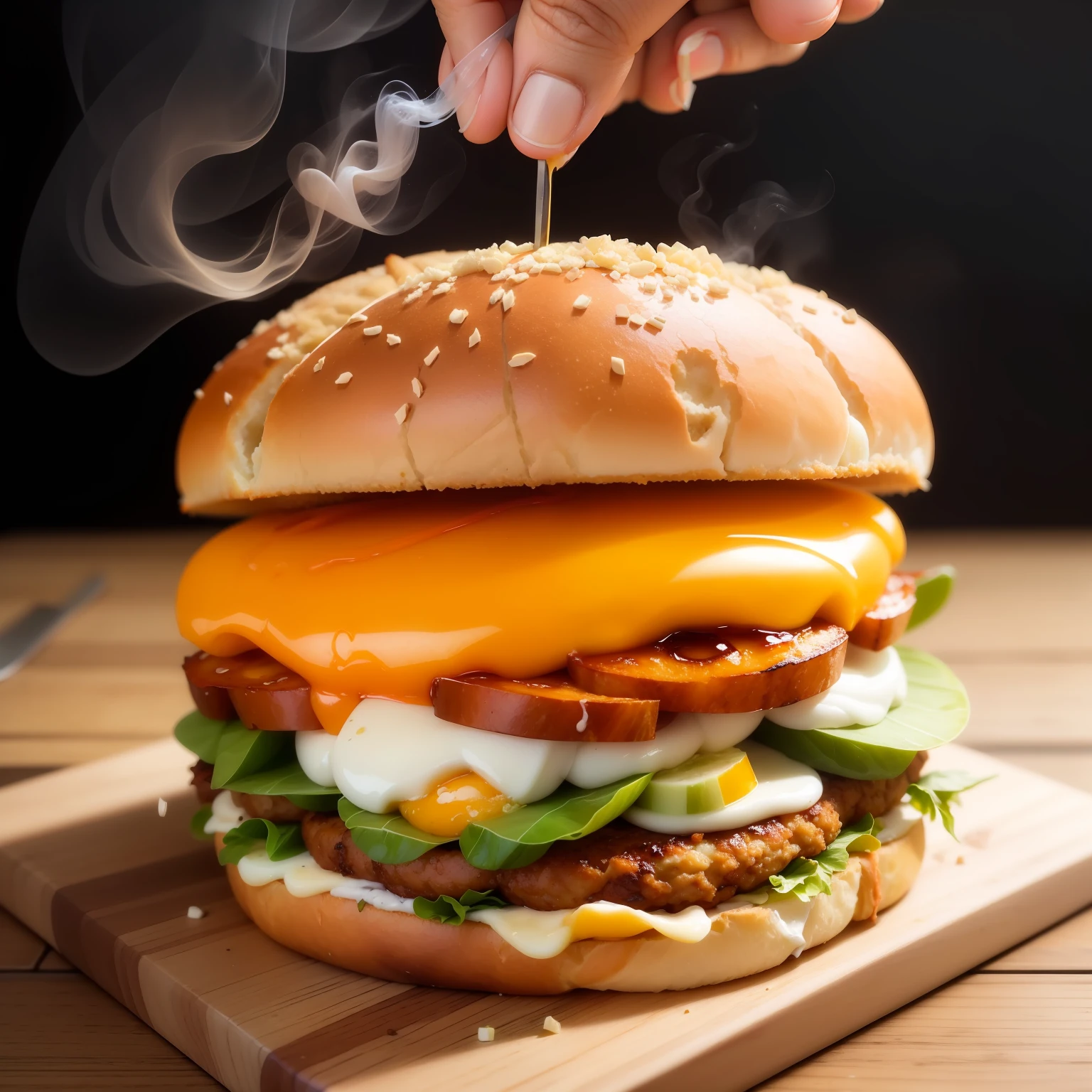 CREATE A DELICIOUS CRISPY FRENCH BREAD SANDWICH STUFFED WITH FRIED EGG, PRESENTED ON A WOODEN BOARD, FOTO PROFISSIONAL LANCHONETE, FOTO ULTRA-REALISTA, DETAILS OF SMOKE COMING OUT OF THE HOT SANDWICH