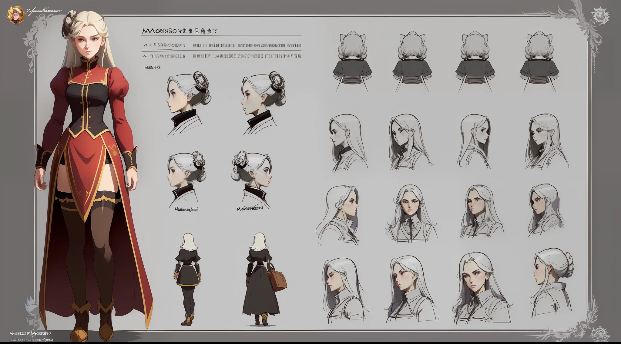 ((masterpiece)),(((best quality))),(character design sheet, same character, front, side, back), illustration, 1 girl, Random character, charturnbetalora, concept art, character concept art, character sketch, reference sheet, character sheet, (simple background, white background: 1.3)