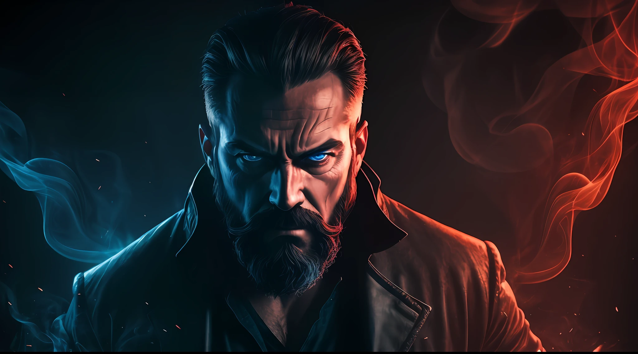 photo of a man with strong goatee celebrating, cinematic, epic, dark, contrast, realistic photo, cinematic photo, blue ray grab, classified color, red camera, hyper detailed, realistic photo, professional lighting, smoky, bright, grumpy, 35mm, chaos,