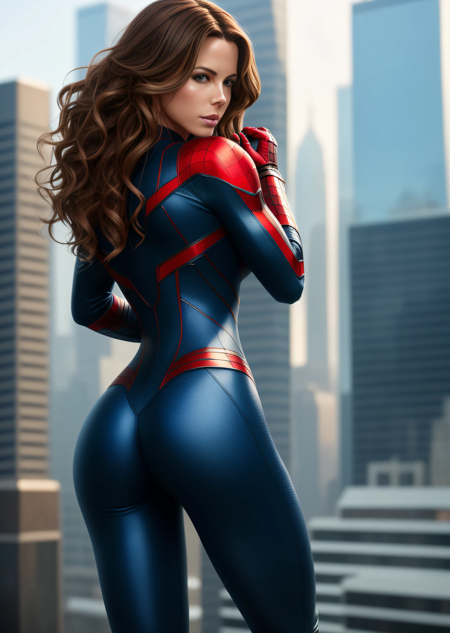 Kate Beckinsale, highly detailed spiderman cosplay, panties, wet legs, big breasts, lush ass, in superhero pose, hourglass body, long curly hair, detailed face, cinematic, maximum detail, city, standing with her back on the roof, looking at viewer, muted colors, soft cinematic light, crazy detail, intricate detail, hyperdetail, masterpiece, 8k, (detail), hdr, high quality, ((high skin detail, skin detail)), sharp focus, 8k uhd, dslr, high quality, film grain