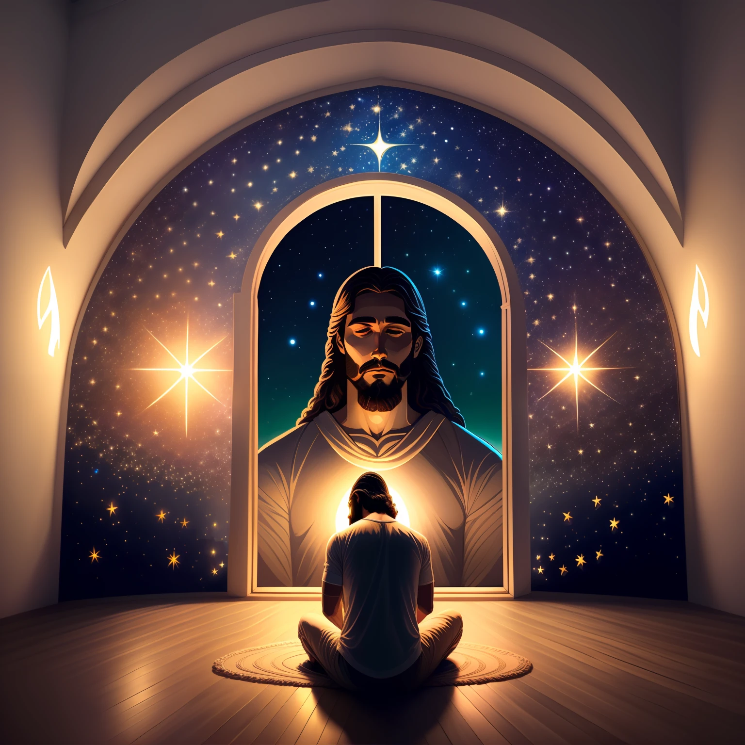 hiperrealista, homen Jesus, praying, ceu de noite com lua e estrelas, detalhes de anjos nas paredes