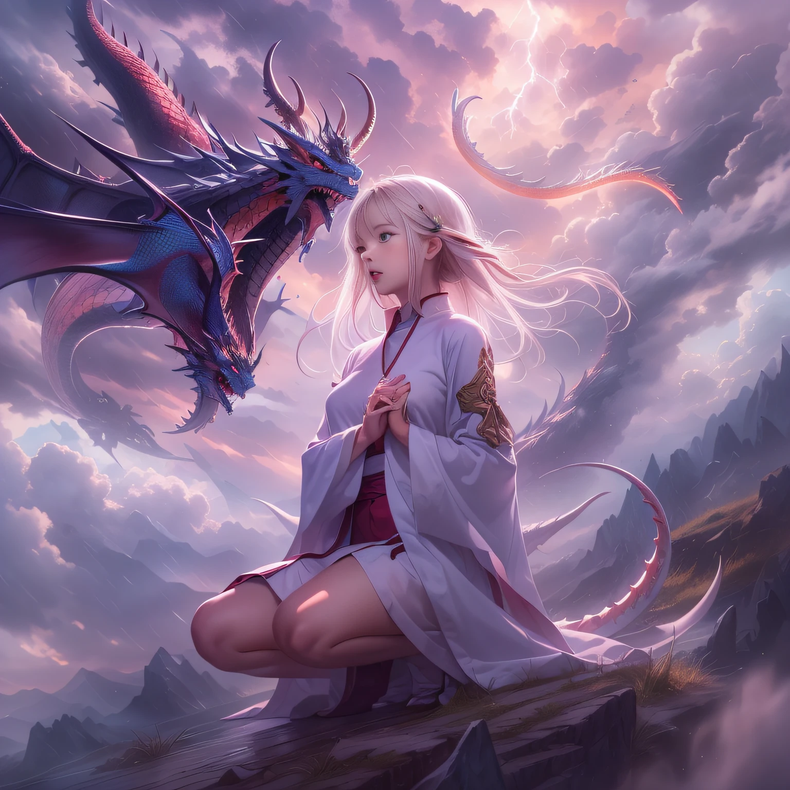 There is a dragon descending from heaven with a girl's prayer,((kneeling in prayer)),Girl in white nun uniform、Very bad weather、(Western dragon),Girl sailing in front of a dragon surrounded by clouds、Elder Dragon,wyvern, epic dragon,god of dragons, epic fantasy digital art style,full body dragon concept, (Purple dragon), majestic dragon, Giant dragon as purple view,Realistic scale、Ancient dragons,(Dragon wearing Shiden),,Five-horned Dragon,dragon mawshot art,(A dragon appears from the sky)、Sun dragon surrounded by clouds、nun clothes,On a high cliff、Girl with a very detailed face,Realistic Girl,Cute little girl s,((a blond、Blue eyes、Teen Girl, White skin,a beauty girl))、a beautiful detailed girl.Western cityscape,A city attacked by angels,I'm looking at walled cities being destroyed by angels、Colorful thunder dragon breath from the mouth of a dragon、Dragon Breath Colorful Thunder, ''Dragon spits colorful thunder,Colorful thunder,Spit,Colorful thunder,Spit Dragon,Lightning clouds, Atmospheric lightning, Pink lightning, With thunderstorms, Dramatic purple lightning, Dark storm with lightning, Lightning in the sky,((Thin leg)),skinny thigh,(small tits)