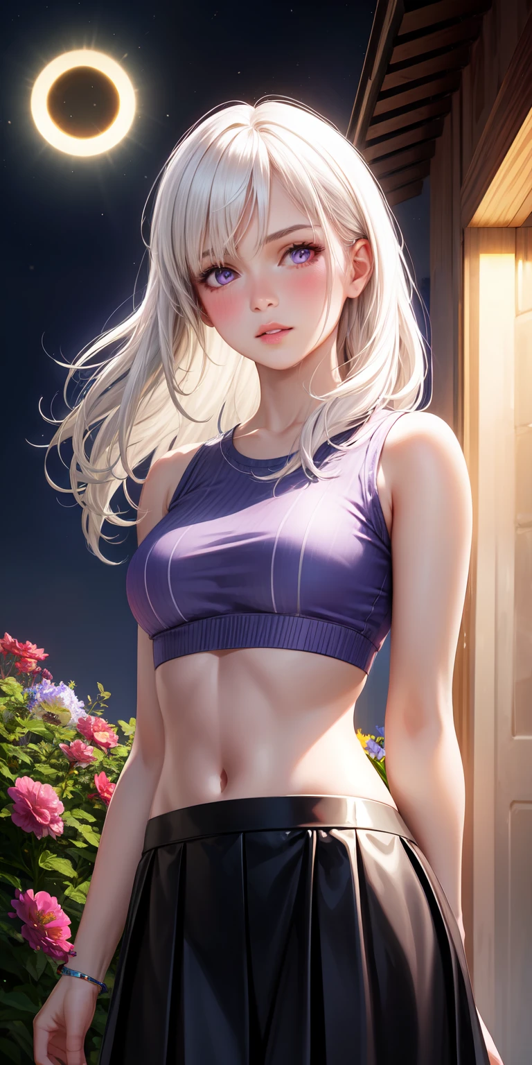 realistic, 1girl, white hair, purple eyes, glowing eyes, crop top, skirt, parted lips, blush, night, flowers, sun, sunlight,