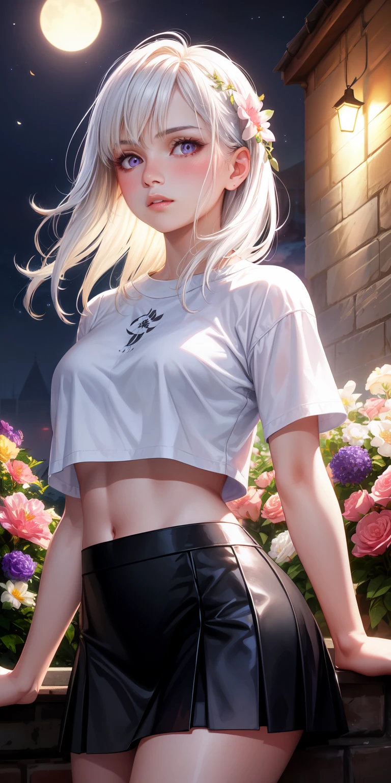 realistic, 1girl, white hair, purple eyes, glowing eyes, crop top, skirt, parted lips, blush, night, flowers, sun, sunlight,