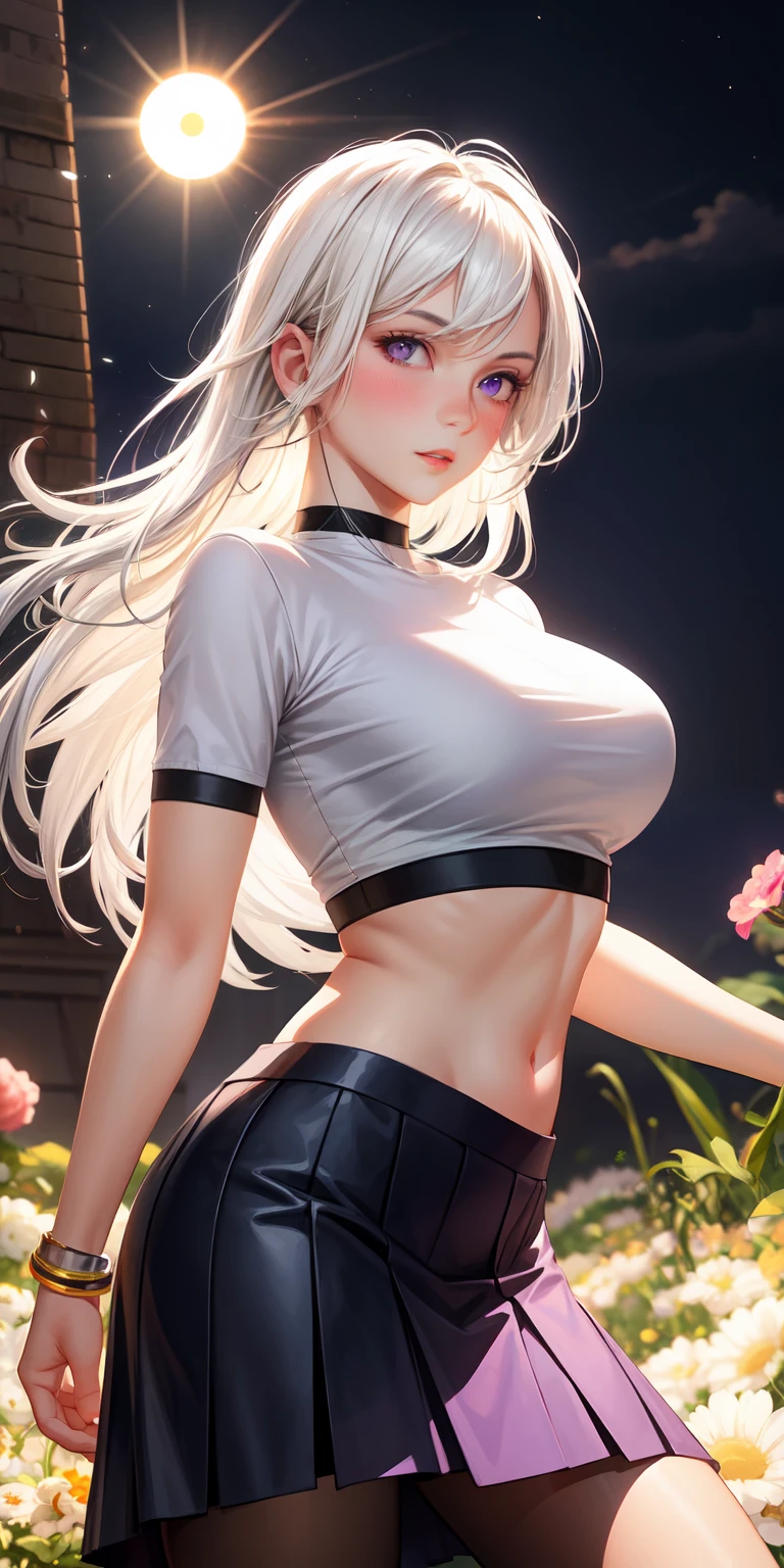 realistic, 1girl, white hair, purple eyes, glowing eyes, crop top, skirt, parted lips, blush, night, flowers, sun, sunlight,