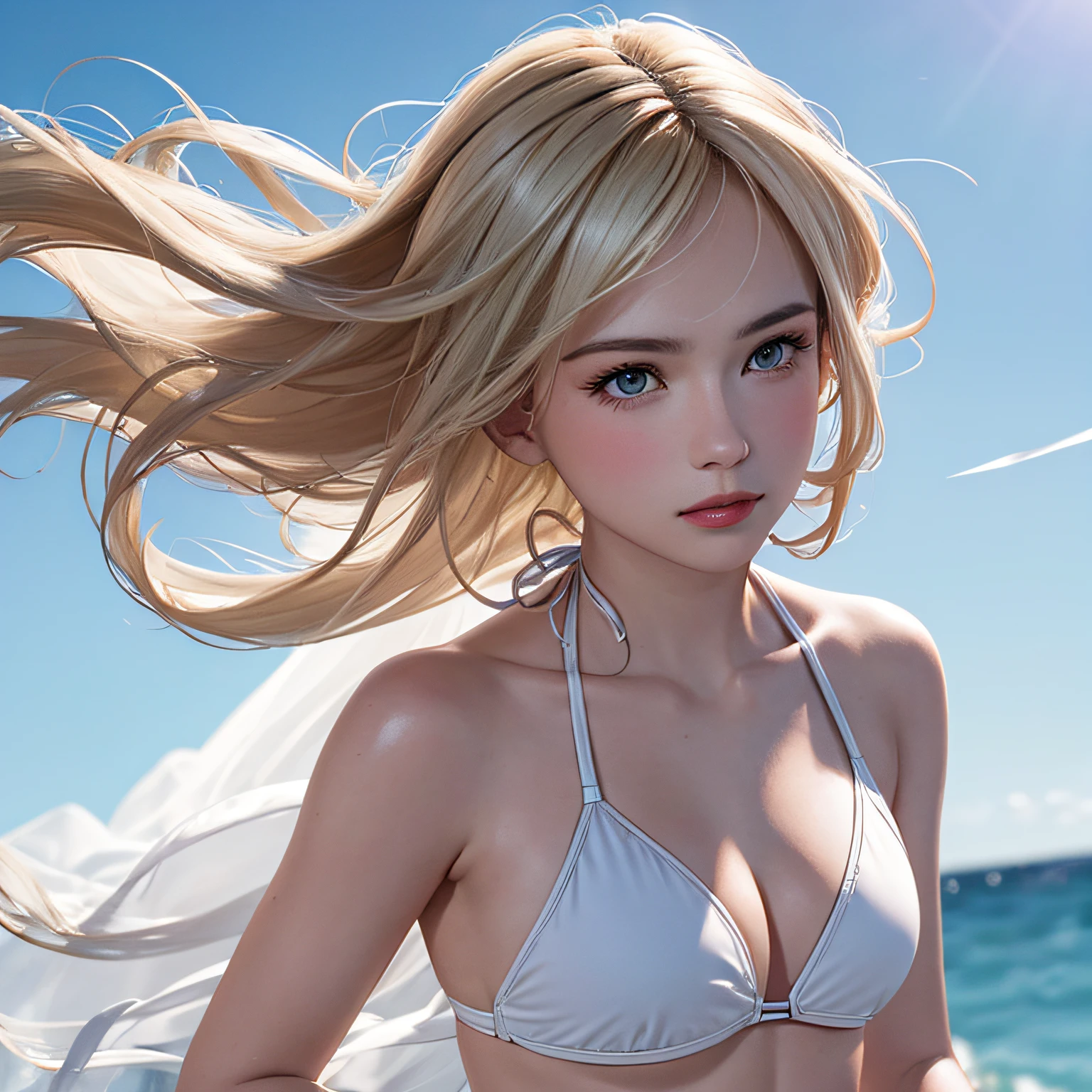 (8K, RAW Photos, of the highest quality, Masterpieces: 1.2), (Realistic, Photorealistic: 1.37), Highest Quality, Ultra High Resolution, light leaks, Dynamic lighting, Slim and smooth skin, (Full body:1.3), (Soft Saturation: 1.6), (Fair skin: 1.2), (Glossy skin: 1.1), Oiled skin, 22 years old, Night, shiny white blonde, Well-formed, Hair fluttering in the wind, Close-up shot of face only, Physically Based Rendering, From multiple angles, The bikini
