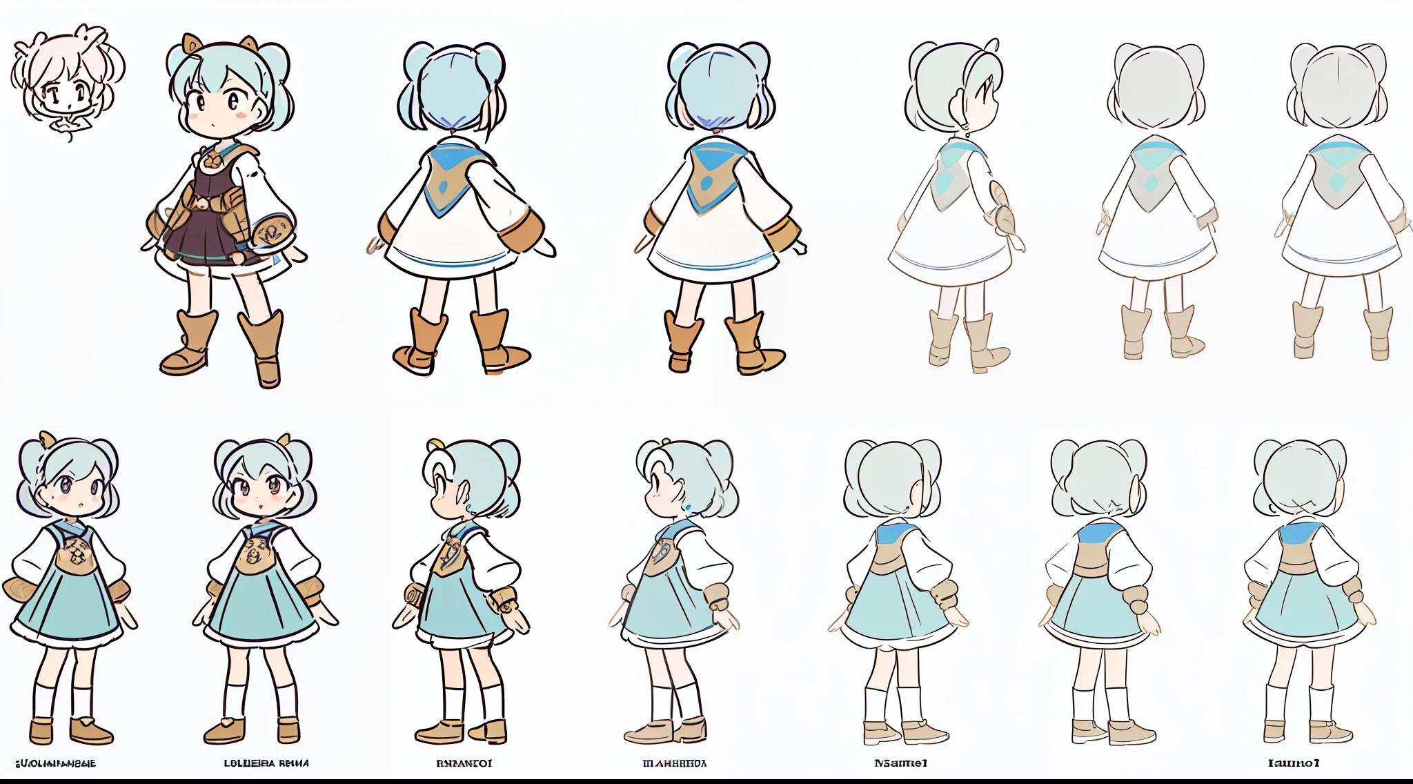 ((masterpiece)),(((best quality))),(character design sheet, same character, front, side, back), illustration, 1 girl, Random character, charturnbetalora, concept art, character concept art, character sketch, reference sheet, character sheet, (simple background, white background: 1.3)