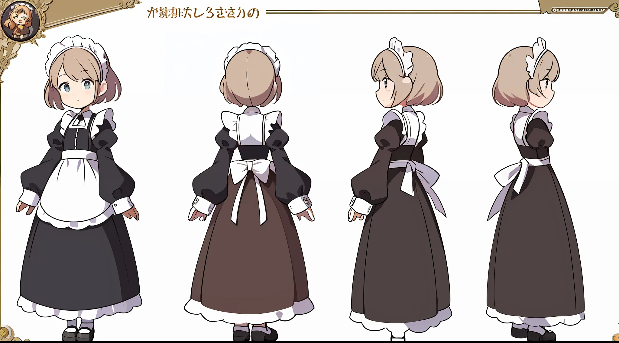 ((masterpiece)),(((best quality))),(character design sheet, same character, front, side, back), illustration, 1 girl, Random character,  Maid, charturnbetalora, concept art, character concept art, character sketch, reference sheet, character sheet, (simple background, white background: 1.3)