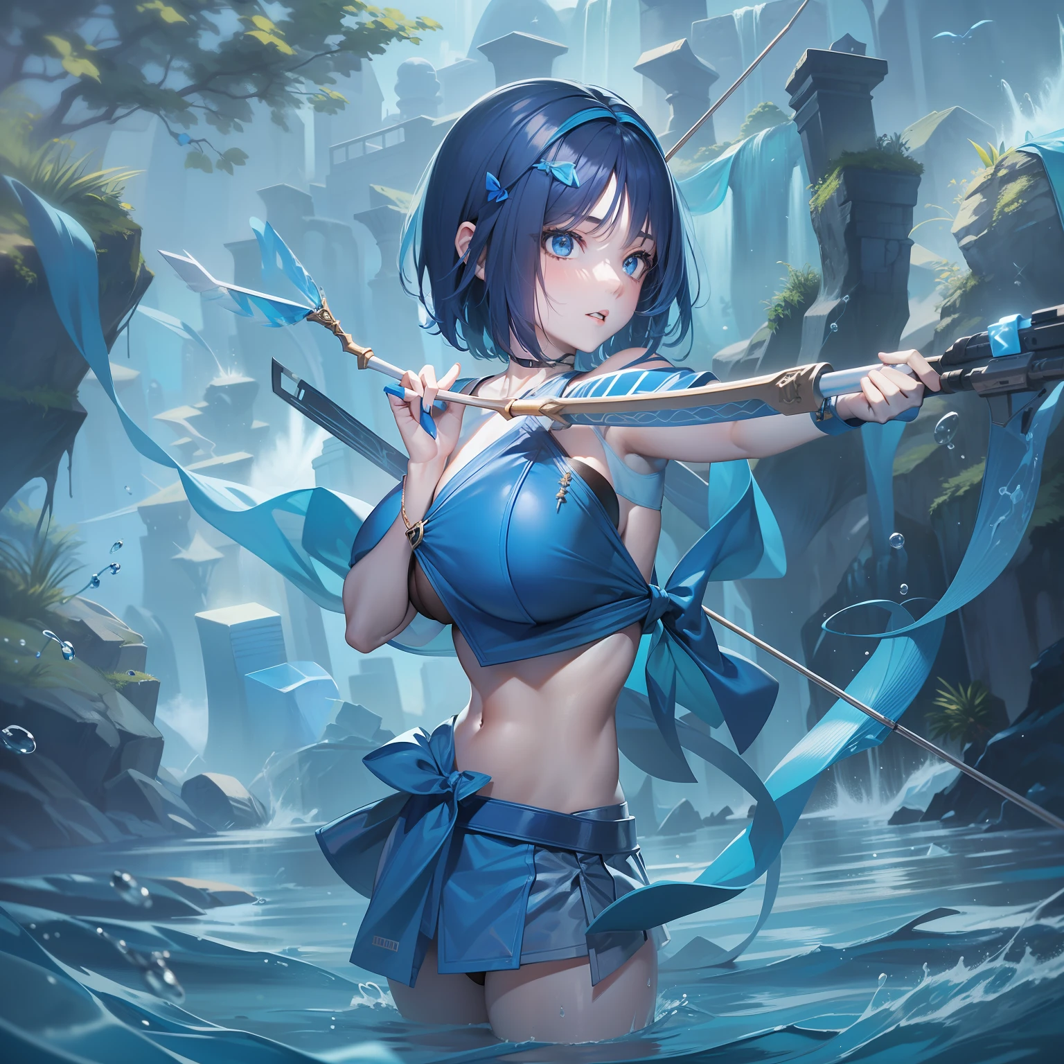 short hair, straight hair, blue wick, blue outfit, big boobies, anjelical girl, blue cubes, holding a bow, shooting with a bow, white skin, woman, asian, black with blue hair, hydro, water scenary, hydro arrows, water lines