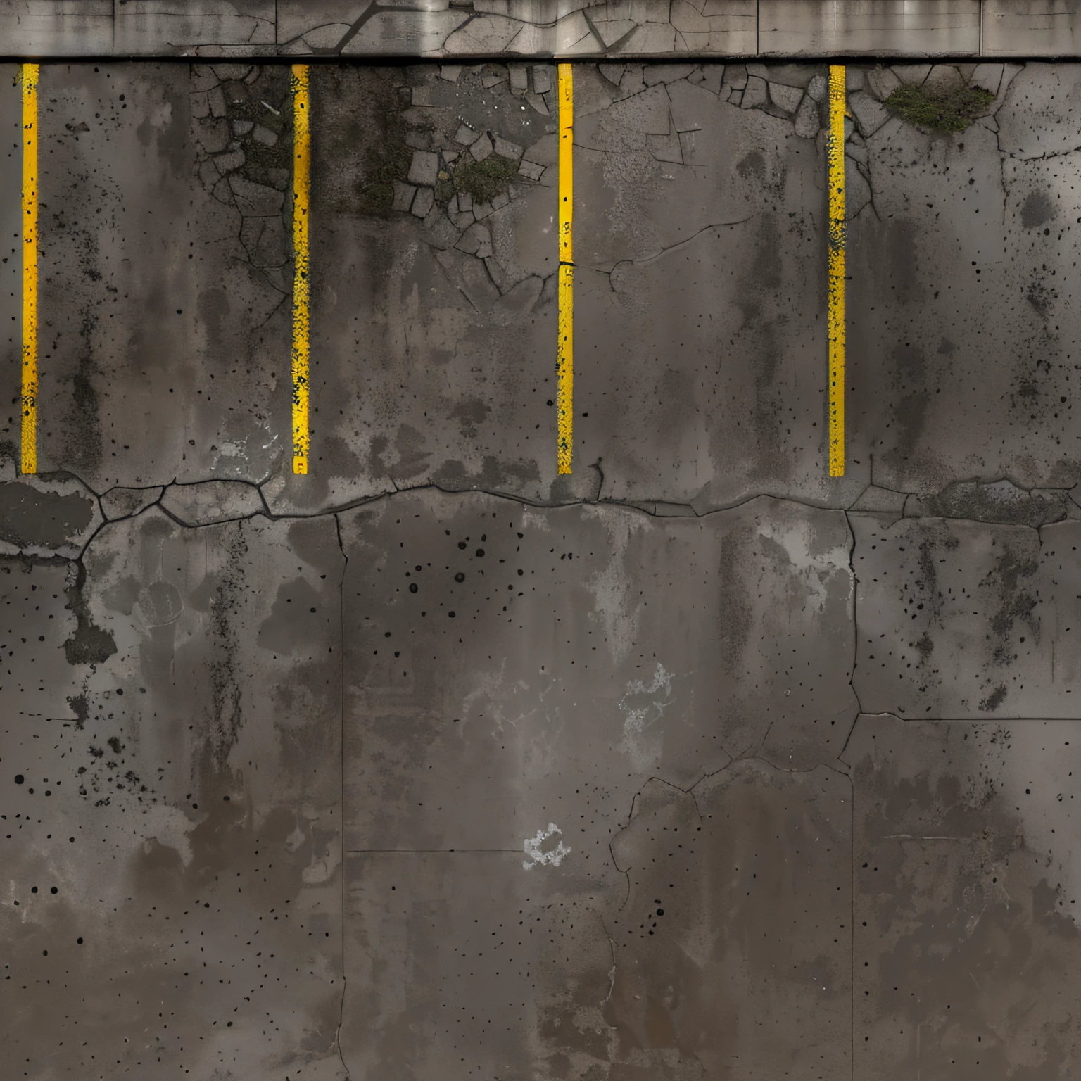 Top view photo of the parking lot with a yellow line, Seamless parking texture with curb and yellow shabby marking lines, there is broken asphalt, concrete slabs and asphalt, Traces of wheels on the asphalt, [[empty warehouse]] Background, concrete _ wallside ) ], parking, high resolution details, High-resolution detail, concrete, Untextured, Super High Resolution, high resolution texture, concrete wall, dark hangar background, Gray warehouse background, high resolution textures, High resolution and detail