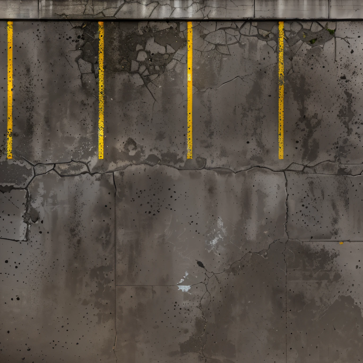 Top view photo of the parking lot with a yellow line, Seamless parking texture with curb and yellow shabby marking lines, there is broken asphalt, concrete slabs and asphalt, Traces of wheels on the asphalt, [[empty warehouse]] Background, concrete _ wallside ) ], parking, high resolution details, High-resolution detail, concrete, Untextured, Super High Resolution, high resolution texture, concrete wall, dark hangar background, Gray warehouse background, high resolution textures, High resolution and detail