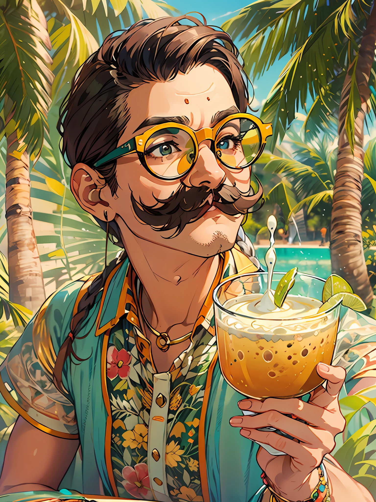 "Serve up joy with a round-shaped moustache, Anna-like glasses, and refreshing coconut lassi in a vibrant and lively ambiance."