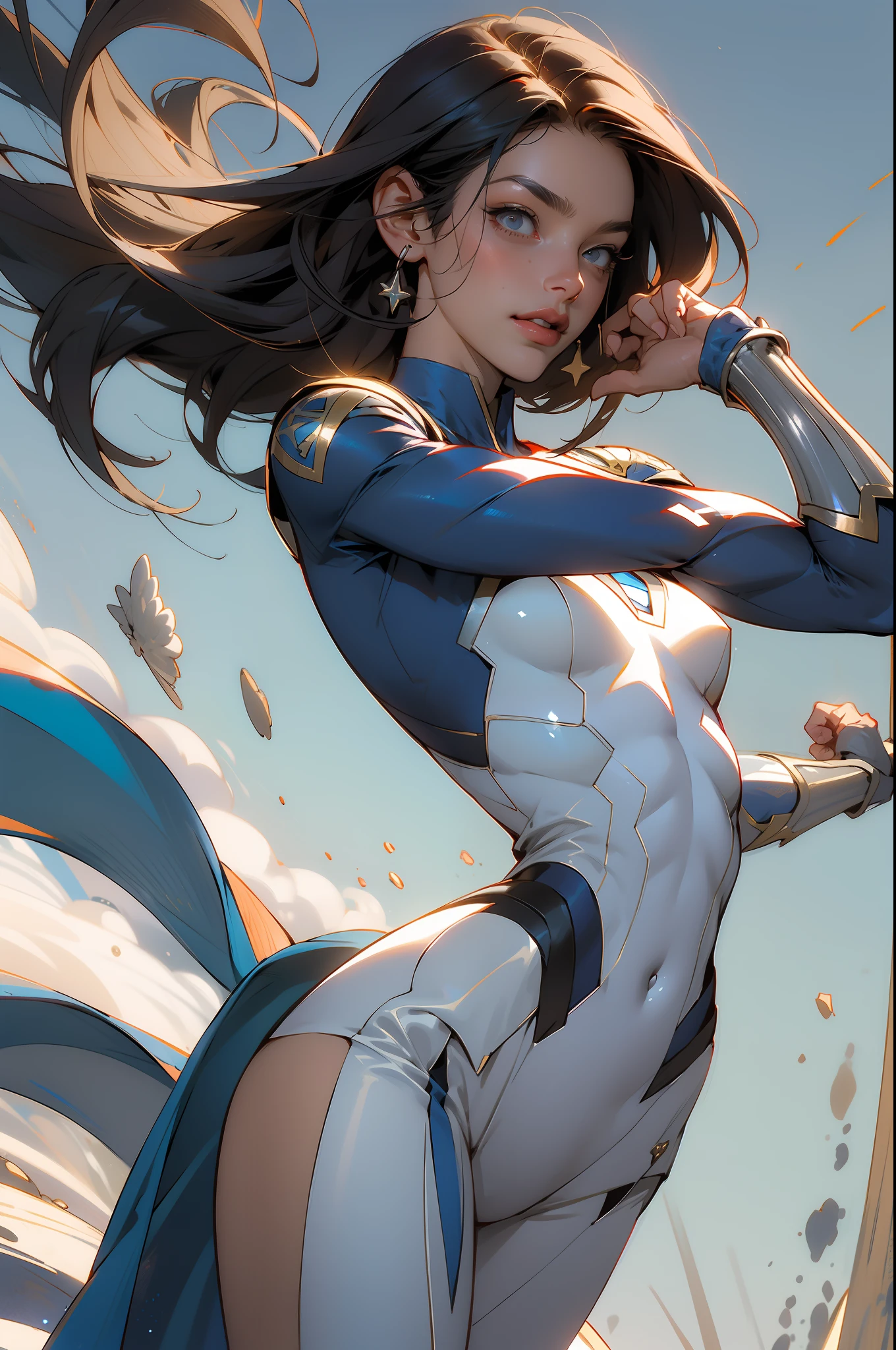 Nijistyle, muscular superheroine, corpo perfeito e proporcional, pose sexy, corpo inteiro, estrelas de 5 pontas, garota sorridente de cabelo super curto loiro, American influence, wearing Captain America's outfit, Michael Creese, usando um escudo redondo, Michael Hussar, fundo branco, short cut, roupa azul vermelho e branco, melhor qualidade, alta qualidade, foto editorial, absurdres, obra-prima, detalhe intrincado, grain of film, suas delicadas faculdades humanas seguram as notas ilustradas 2D, detalhe 4k, passo a passo