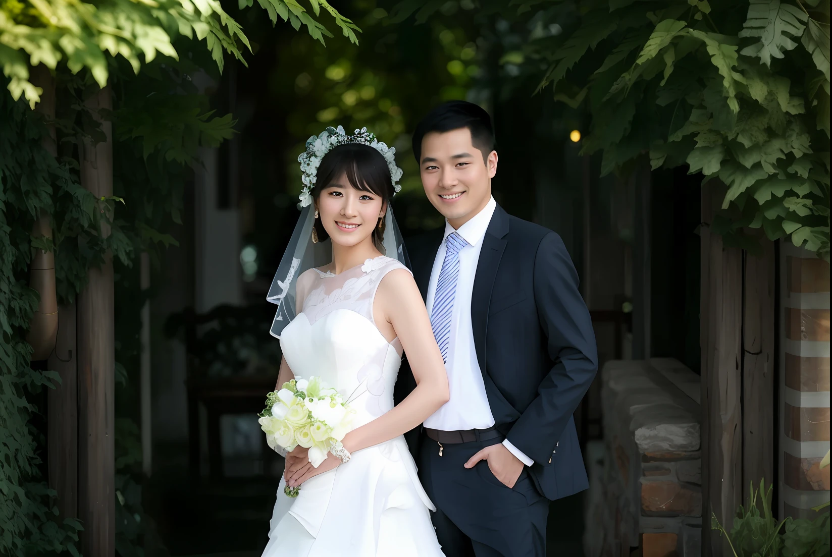 bride and groom posing for a picture in a garden, lovely couple, ruan jia and fenghua zhong, wedding photo, happy couple, couple, phong yintion j - jiang geping, bride and groom, zhuoxin ye, wu liu, song nan li, wenfei ye, jinyiwei, li zixin, jia, lei min