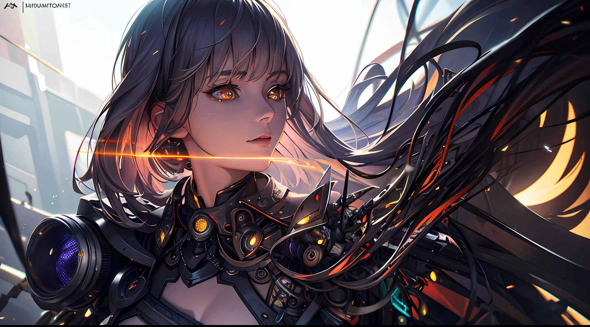 1mechanical girl,((ultra realistic details)), portrait, global illumination, shadows, octane render, 8k, ultra sharp,metal,intricate, ornaments detailed, cold colors, egypician detail, highly intricate details, realistic light, trending on cgsociety, glowing eyes, facing camera, neon details, machanical limbs,blood vessels connected to tubes,mechanical vertebra attaching to back,mechanical cervial attaching to neck,sitting,wires and cables connecting to head