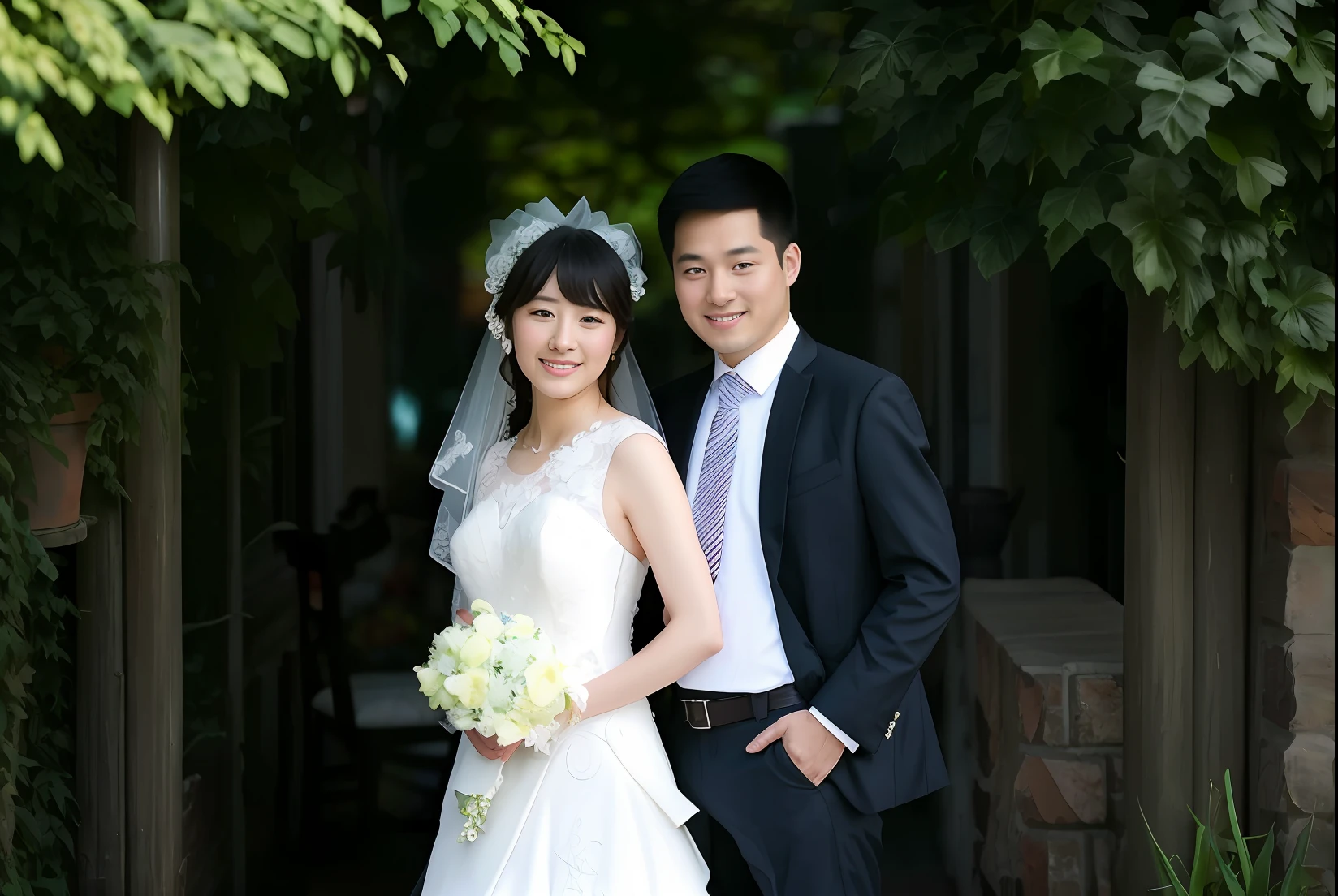 bride and groom posing for a picture in a garden, lovely couple, ruan jia and fenghua zhong, wedding photo, happy couple, couple, phong yintion j - jiang geping, bride and groom, zhuoxin ye, wu liu, song nan li, wenfei ye, jinyiwei, li zixin, jia, lei min
