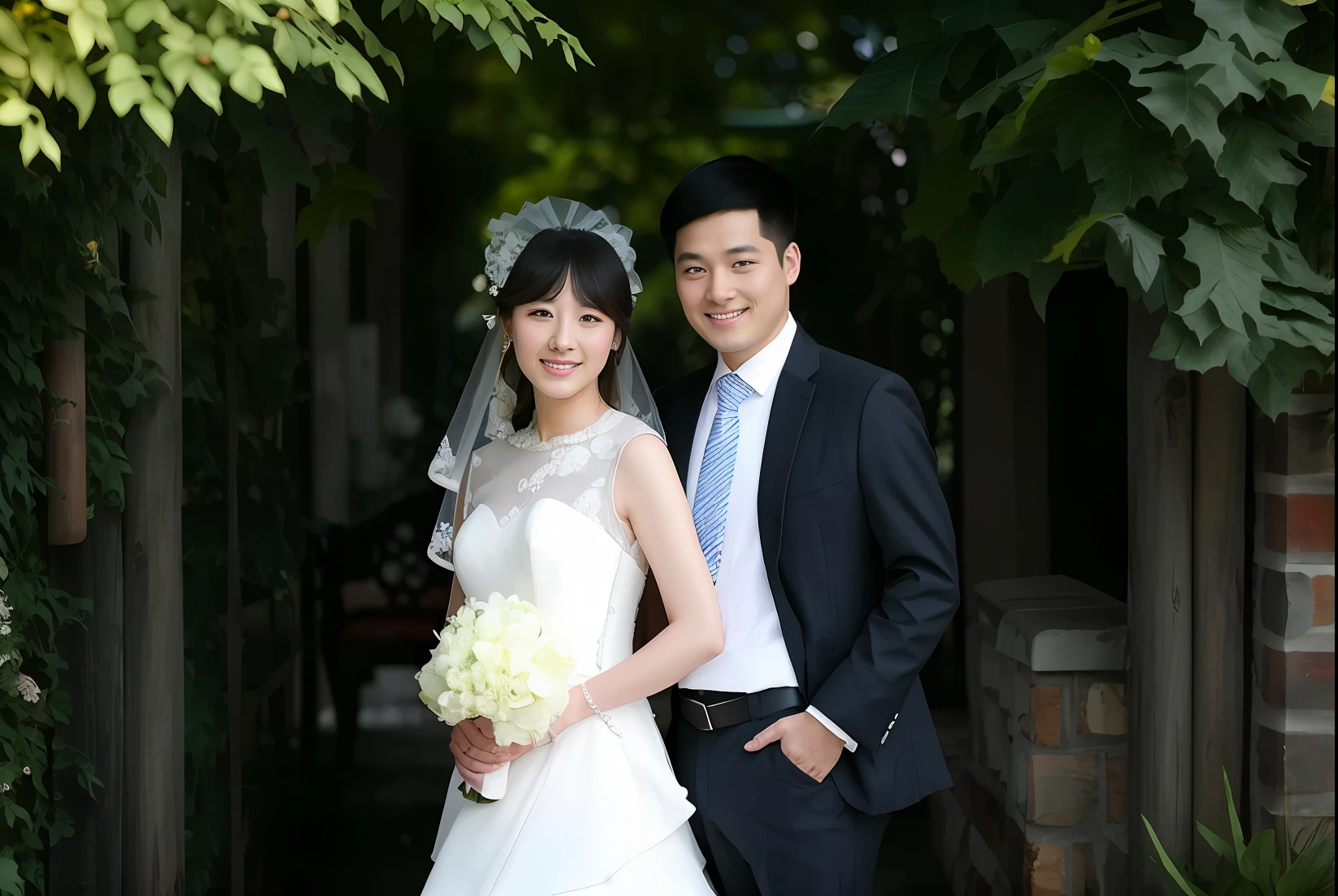 bride and groom posing for a picture in a garden, lovely couple, ruan jia and fenghua zhong, wedding photo, happy couple, couple, phong yintion j - jiang geping, bride and groom, zhuoxin ye, wu liu, song nan li, wenfei ye, jinyiwei, li zixin, jia, lei min