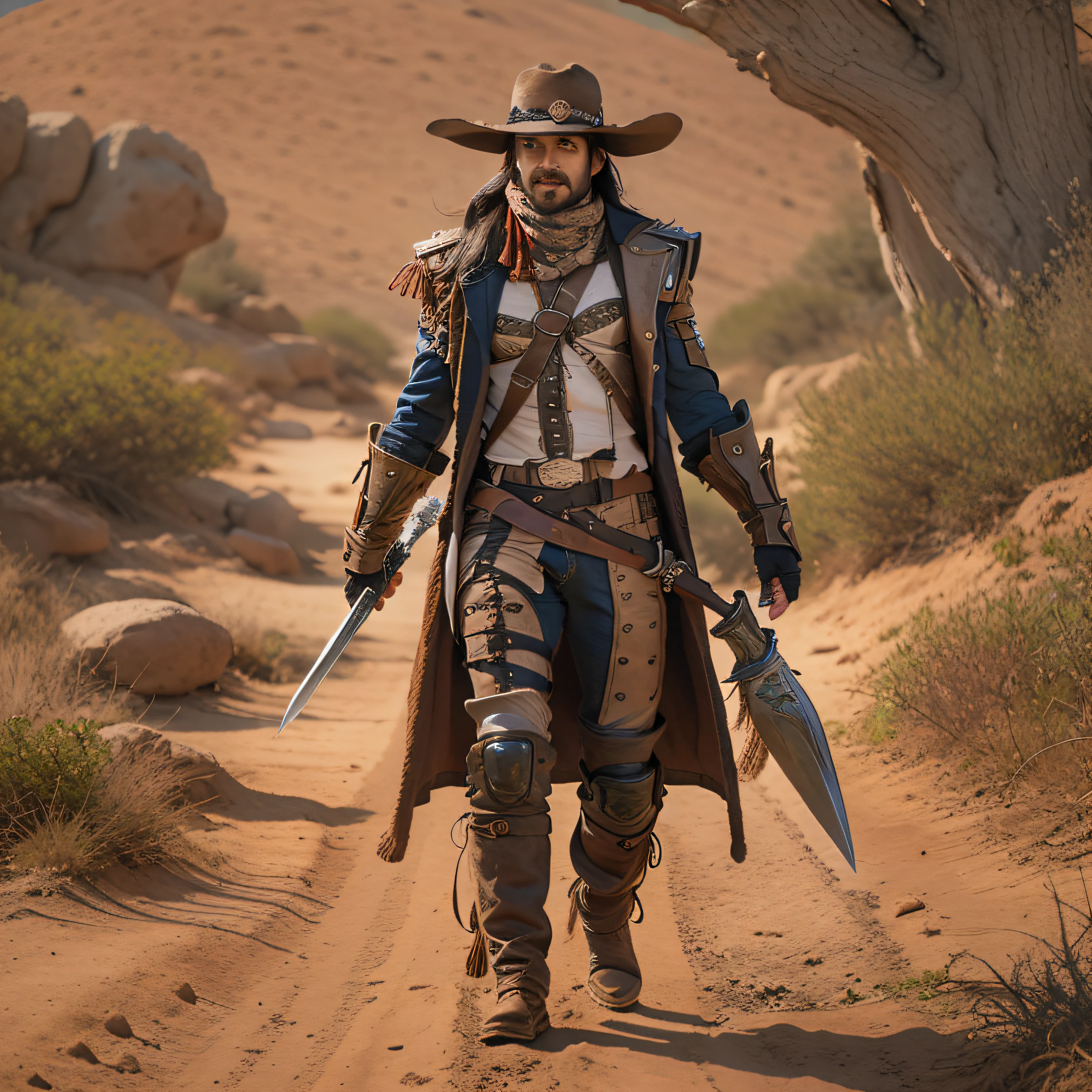 Man armed with a sword and a hat on a dirt road, estilo fantasia 8 k octane render, ciborgue steampunk ocidental, Retrato de um ranger robusto, McCree de Overwatch, post - apocalyptic cowboy, Ranger masculino robusto em batalha, desert breathing armor, vestido como um xerife ocidental, caleb from critical role, Ranger masculino robusto, guerreiro de fantasia em armadura completa, da para ver o corpo inteiro desse homem