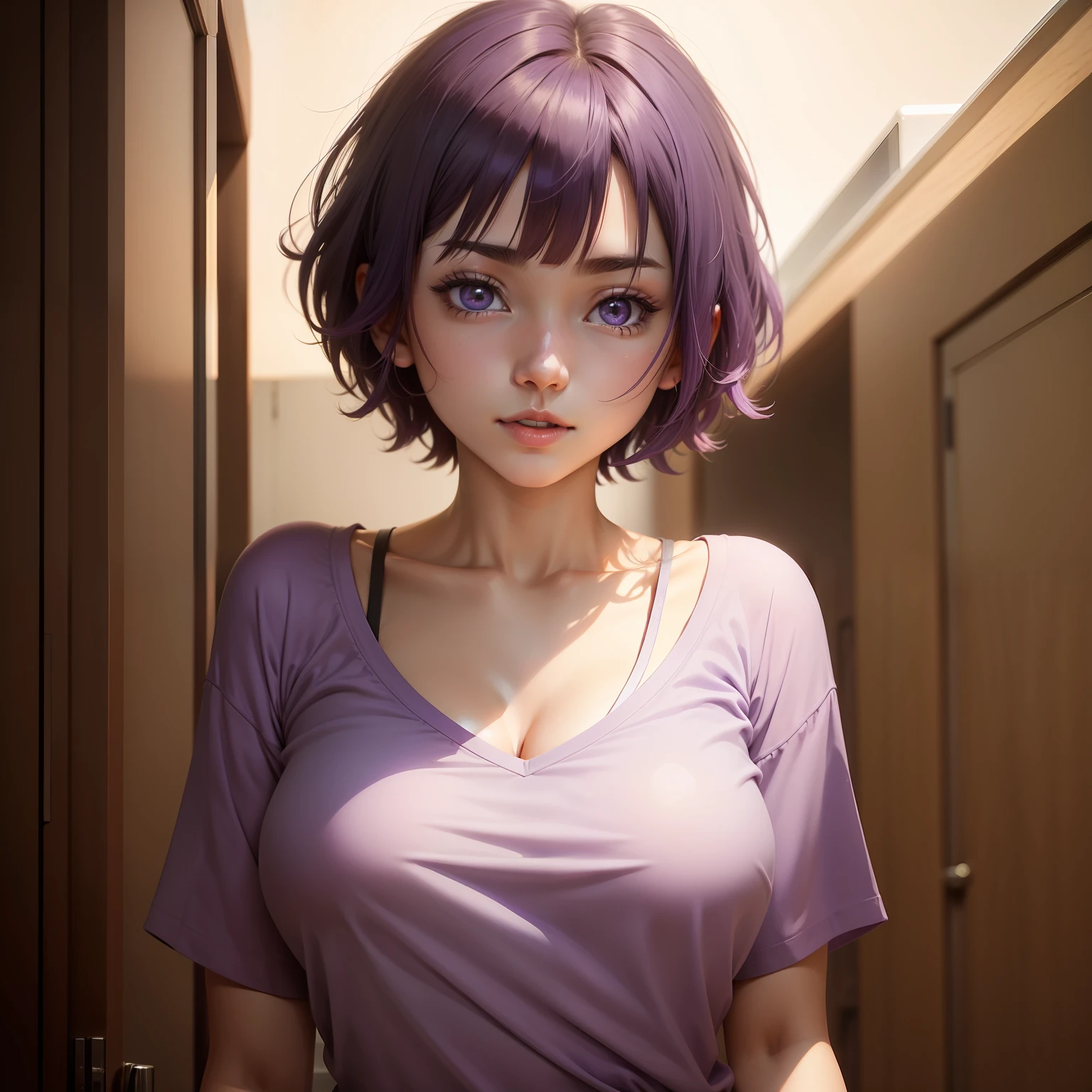 1girl hinata short hair, purple color shirt, beautiful breasts, smooth light