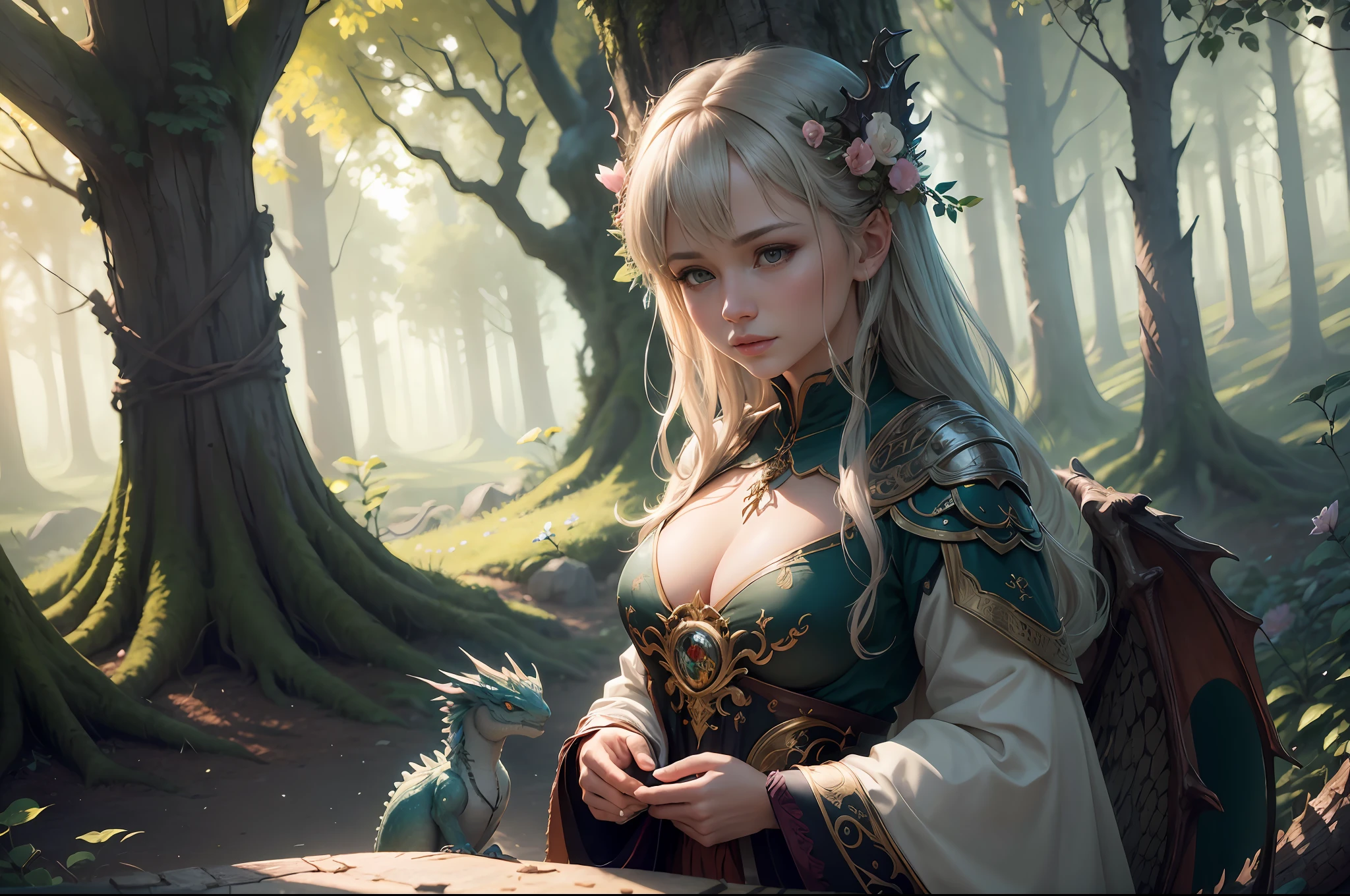 masterpiece, best quality, high quality, extremely detailed CG unity 8k wallpaper, enchanting and dreamlike scene of fantasy forest, (beautiful woman caresses a dragon: 1.4), the beautiful woman embraces the dragon, the complicity is noticeable in between, creating a sense of mysticism and enchantment, artstation, intricate, trending, award winning photography, Bokeh, depth field, HDR, blossom, chromatic aberration, photorealistic, extremely detailed, trending on artstation, trending on CGsociety, intricate, highly detailed , dramatic,