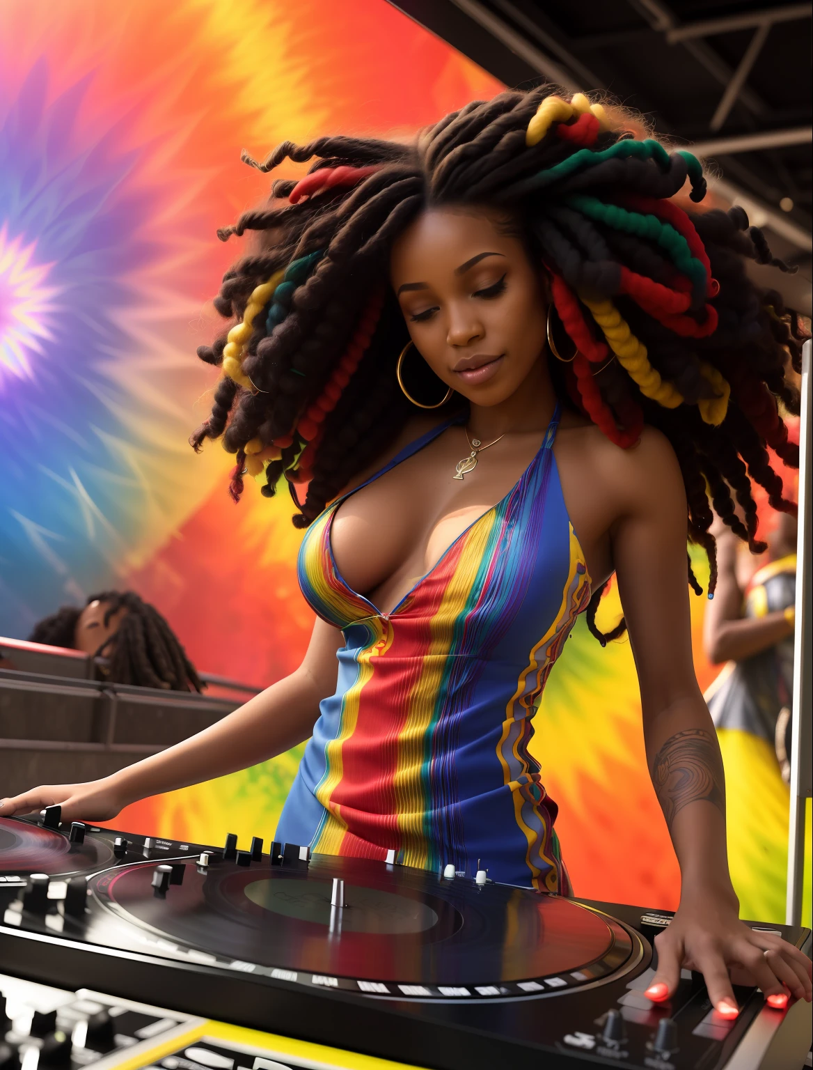 award winning photography, a female dj plays on the vinyl records on the dj set with two turntables, headphones on her head, playing on vinyl records, (((dancing dynamically))), a full body portrait of a beautiful afro american 25 y.o. woman, (Kira Noir), ((her extra long rasta hair swirling around her)), blowing in the wind, smiling, big eyelashes, happy face, detailed facial features, rule of thirds, realistic eyes, ((vibing to music)), gorgeous lady, ((deep cleavaged dress with colorful psychedelic patterns on it)), slim body, medium breasts, abstract tatoos, bright glorious summer sunshine, in the background music festival with dancing people, RAW photograph, (masterpiece), ((photorealistic)), ((hyperrealistic)), (skin pores), highly detailed, film grain, sharp focus, crystal clear, ((stunningly beautiful)), extremely detailed, high detailed skin, cinematic lighting, wide angle, amazing fine detail, rich colors, lifelike texture, dramatic lighting, dynamic composition, photographed using ((Canon EF 110mm f/1.2L USM Lens)), ((film grain, skin details, (high detaile