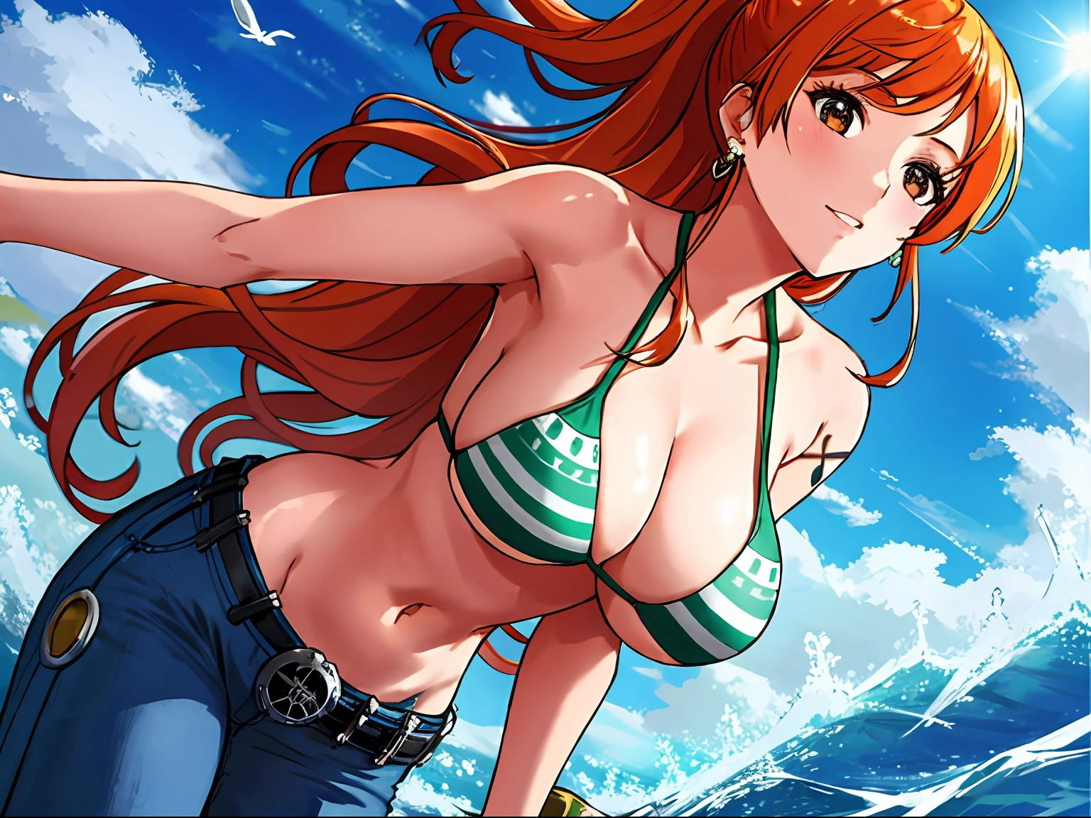 detailed background, masterpiece, best quality, late youth, adult, (hand spread sideway), 1girl, active, energic, (largemouth) , solo, nami \(one piece\), 1girl, bangle, (leaning forward, tilting, hands up, bruises on body, (high extremly thick Voluminous ponytail, long hair, wavy ponytail, shaved armpit)), perfect detailed face, bold drawing lines, muscular arms, detailed bold arm lines, flat jaw, adult woman, (thick defined bangs, very long left side bangs, lock of hair upward), floating bang streaks, (big cheeks), bare shoulders, off-shoulders, belt, bikini, bikini top only, blue sky, bracelet, springy breasts, breast lines, big round eyes, plain big brown shiny eyes, bubbles, high eye position, cleavage, cloud, day, denim, earrings, floating hair, shiny hair, green belt, green bikini, bold groin lines, jeans, jewelry, medium breasts, log pose, long hair, looking at viewer, navel, wet hair, orange hair, pants, shoulder tattoo, sidelocks, sky, solo, standing, stomach, swimsuit, tattoo , looking at viewer, open mouth, detailed left arm, big forehead, hourglass figure, small head, toned body, wide hair, wind effect, sun effect, under the sun, narrow small ears angle, older, random poses,