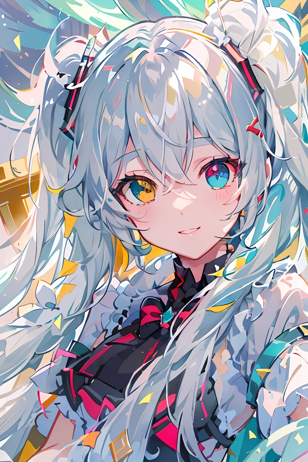 masterpiece, best quality, ultra-detailed, illustration, an extremely delicate and beautiful,
1girl, solo, light smile,
Hatsune Miku,twintails,(live stage), Particles of Light, ((white hair)), fluffy hair, ((((heterochromia)))), ((red eye)), green eye