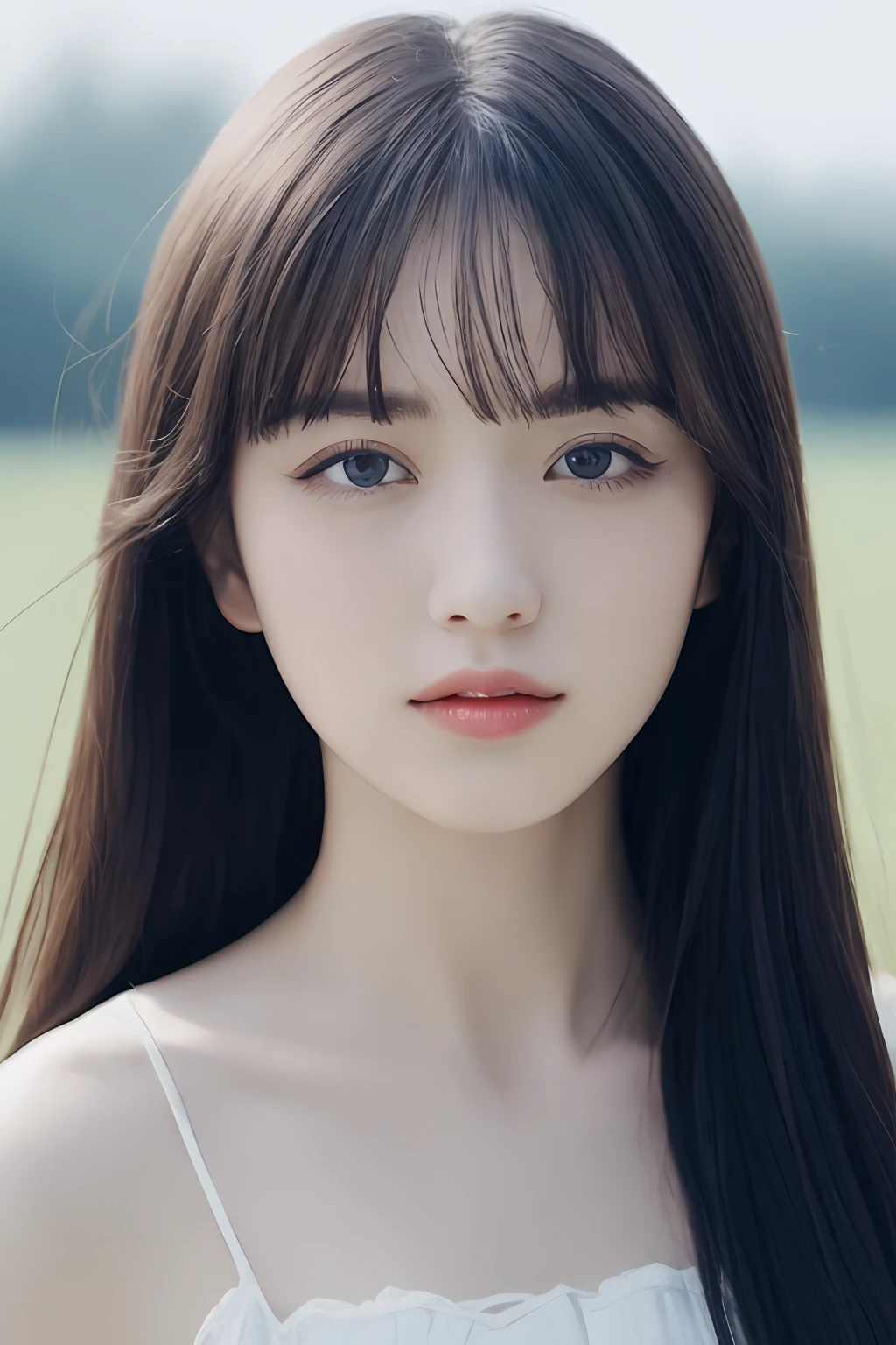 (Detailed and realistic portrait of pretty face girl)、(Shot outside with round eyes and long flapping hair)、Staring at the camera、magical photography、Dramatic lighting、Photographic realism、ultra-detailliert、
Intimate portrait composition、(Center image composition)、(full bodyesbian)、top-quality、f / 1。8、85 mm、
(28 year old Asian woman), black_hair,(black_eyes:1.2),(bangss),makeup,white_dress,
(Hazy blue_sky_background)