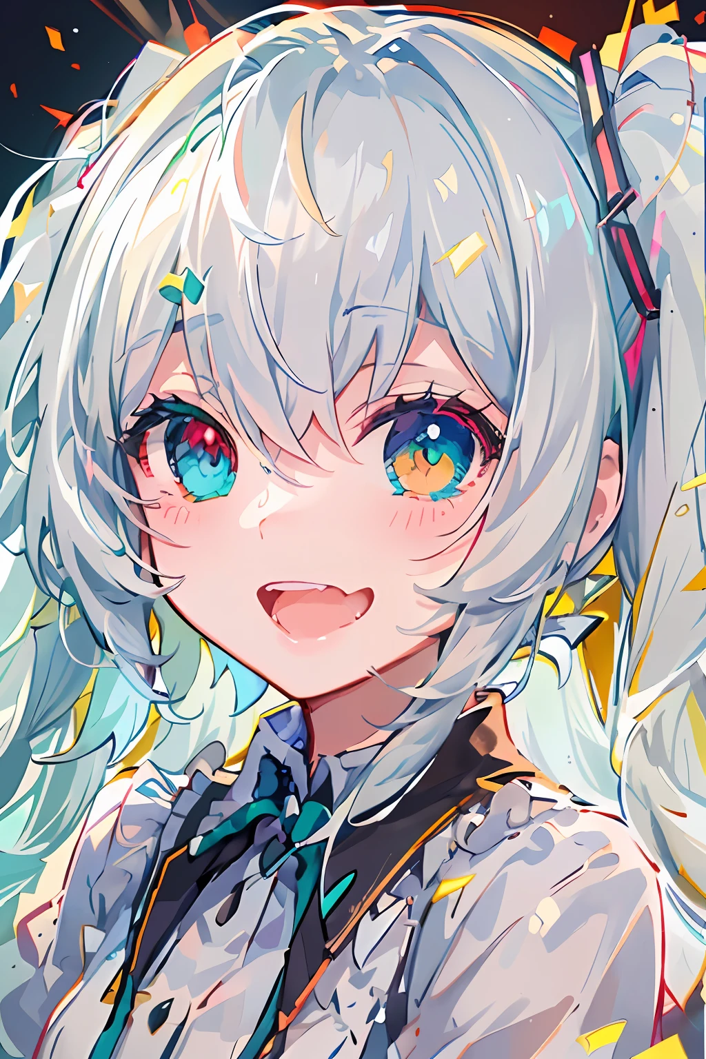 masterpiece, best quality, ultra-detailed, illustration, an extremely delicate and beautiful,
1girl, solo, light smile,
Hatsune Miku,twintails,(live stage), Particles of Light, ((white hair)), fluffy hair, ((((heterochromia)))), ((red eye)), green eye