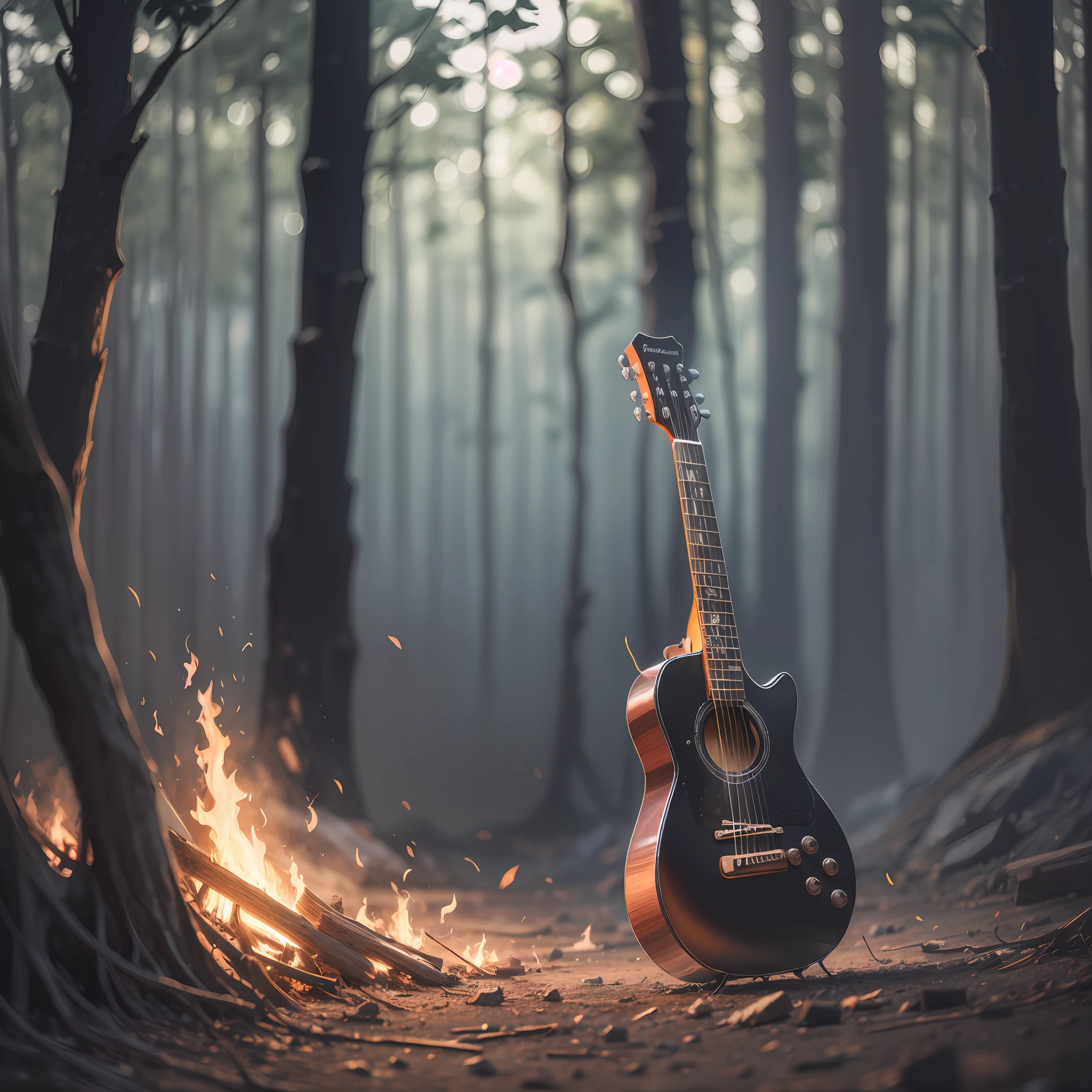 the main setting is a dark room, a guitar stands out burning in a bonfire, nobody around, 8k, uhd, severe low lighting, alta qualidade, foco nitido, fujifilm XT3 --auto --s2