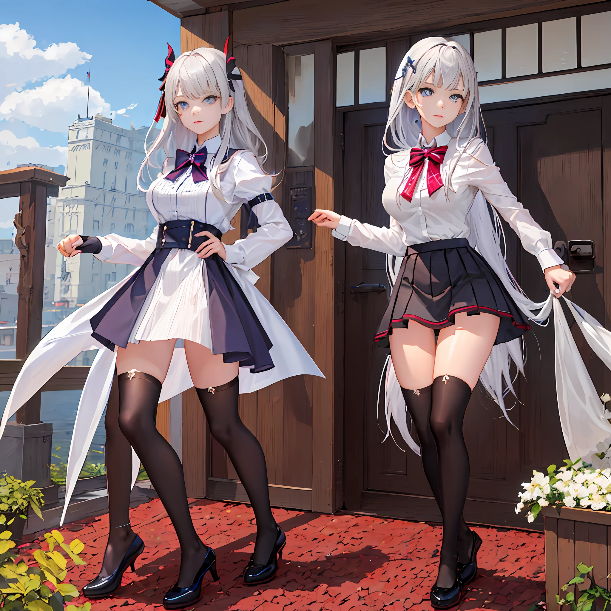 ((tmasterpiece), top-quality, 1girll,Solo, Silver shorthair, eBlue eyes, (Bow white panties),Lift the skirt,Seductive action,extreme hight detail,short skirt,over knee socks,adolable,medium-sized boobs,standing on your feet,White tones,Need
