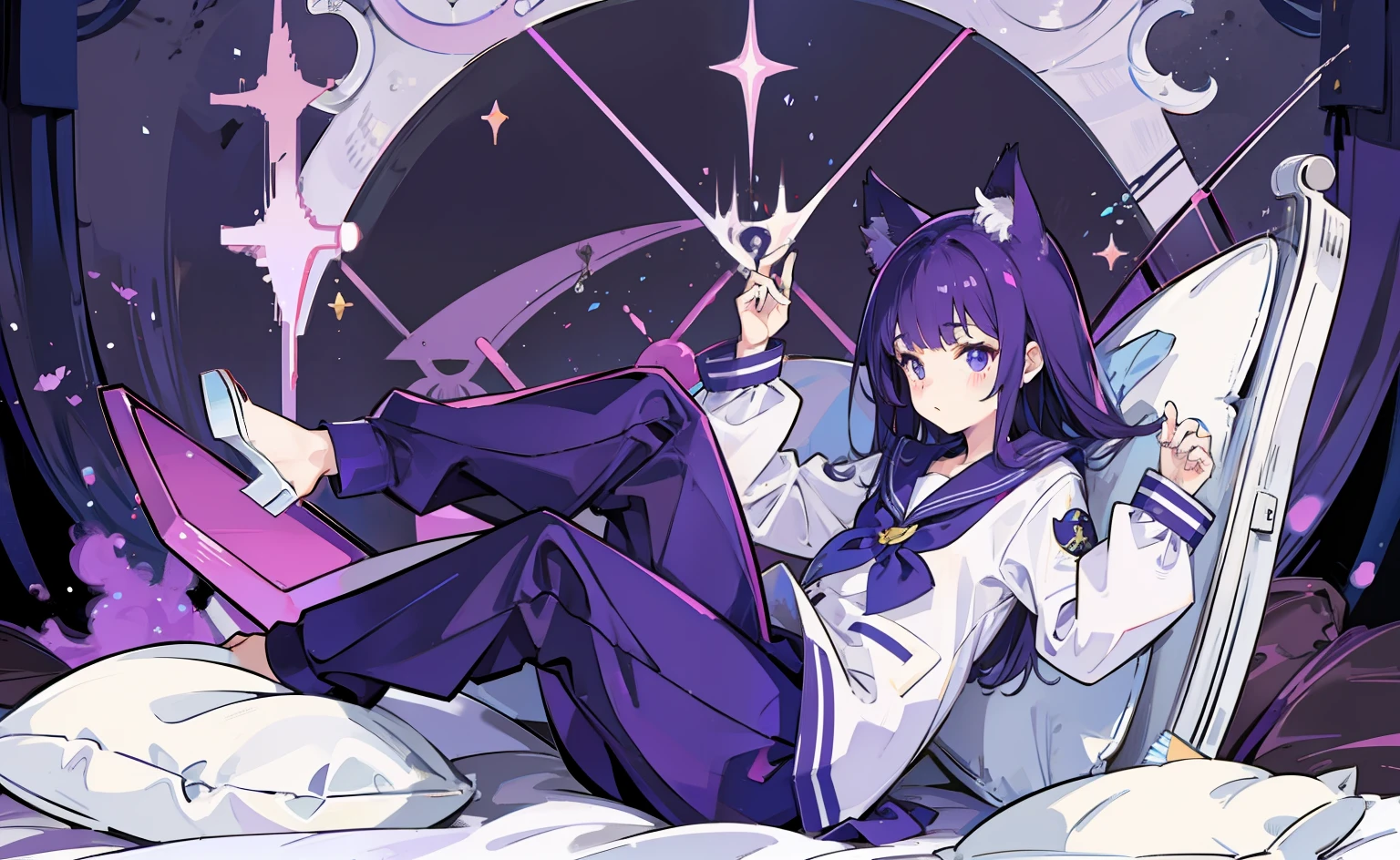 Cat lady，a sailor suit，Go to bed，purpleish color，neonlight