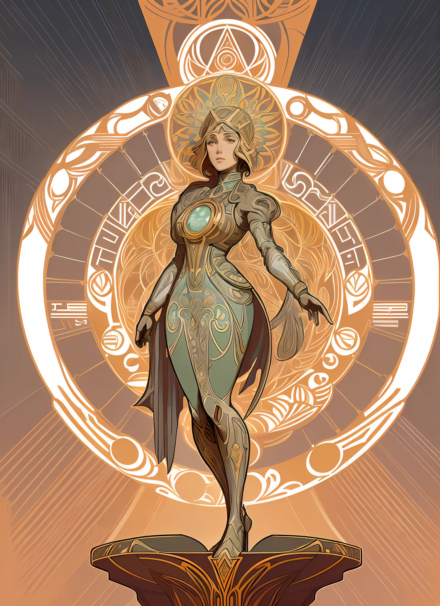 ( Full body ) woman illustration of the ( [ ominous | gloomy ] in front of a futuristic space ship lifting off from the earth  ( [ Winona Ryder | Scarlett Johansson ] ) ) as a biomechanical ( atompunk ) wearing power armor while ( [ posing | standing ] ( on top of a pedestal ) )  background [ perfectly | precisely ] centered in the middle of composition with ( dynamic ( symmetry ) ) , ( ( Alphonse Mucha's | Victo Ngai's | Alphonse Mucha's | Jakub Rebelka's )  [ illustration | artwork | banner ] ) in CCDSF artstyle full of [ retro-futuristic | sci-fi ] ( art deco ( [ circuit | sacred geometry ] ) designs ) , perfect ( ( symmetrical ) well proportioned ??????? )